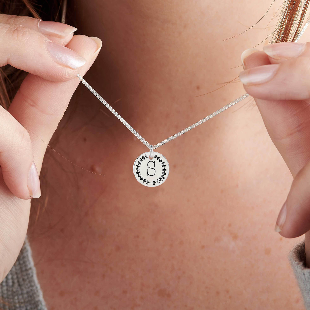 initial leaves border silver necklace personalised gift for a friend daughter mum