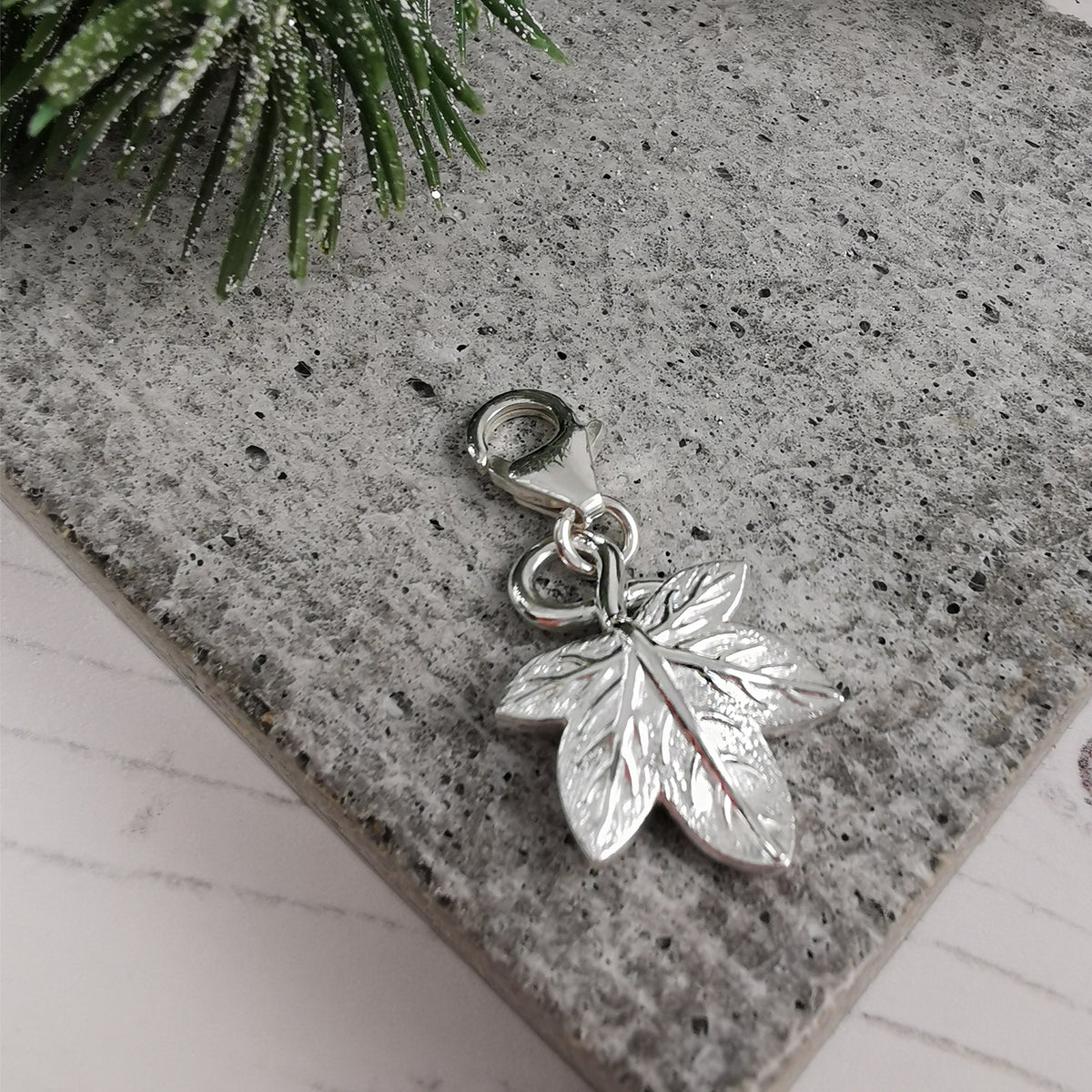 Ivy leaf charm with clip on clasp solid sterling silver