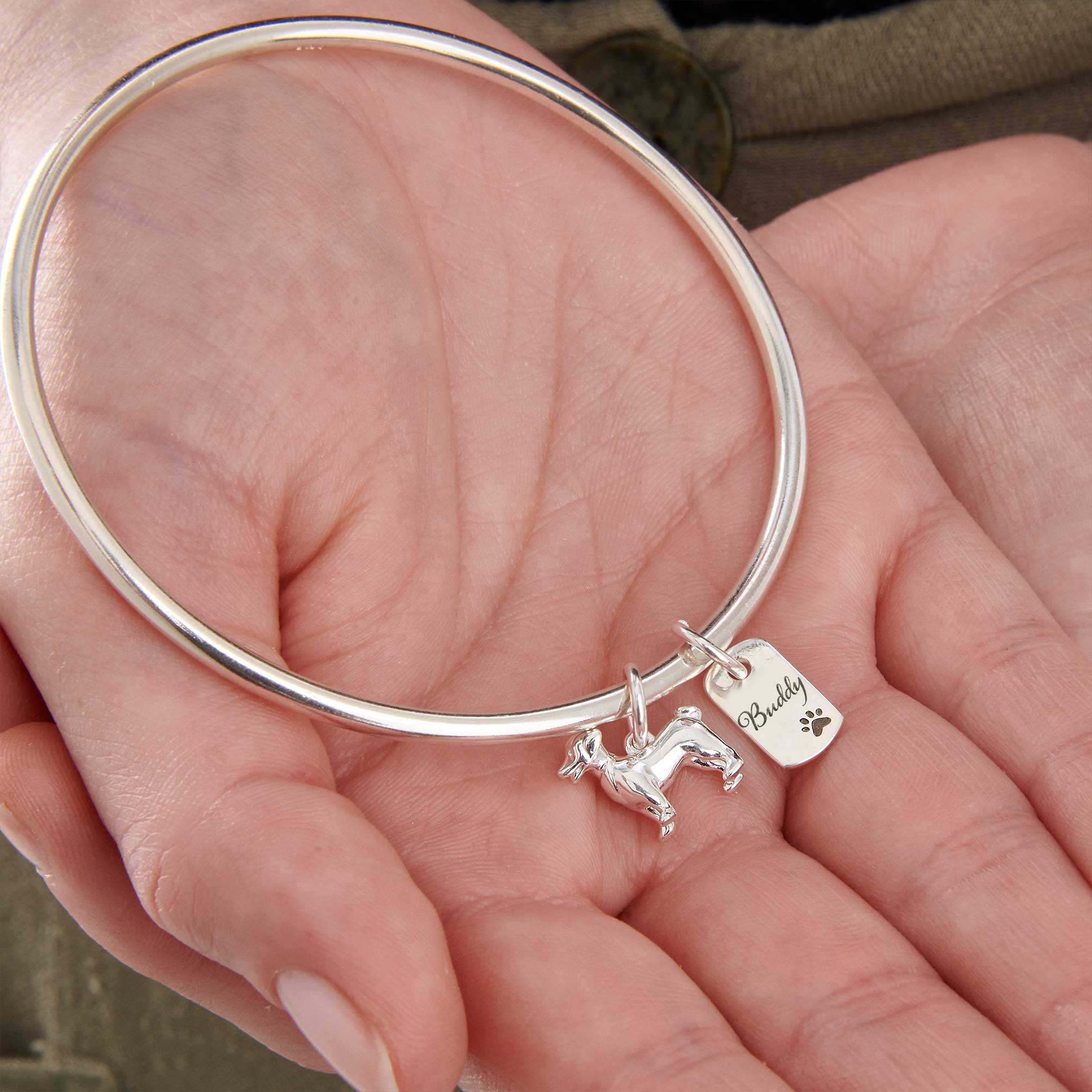 personalised jack russell terrier silver charm bangle sterling silver made in UK Scarlett Jewellery