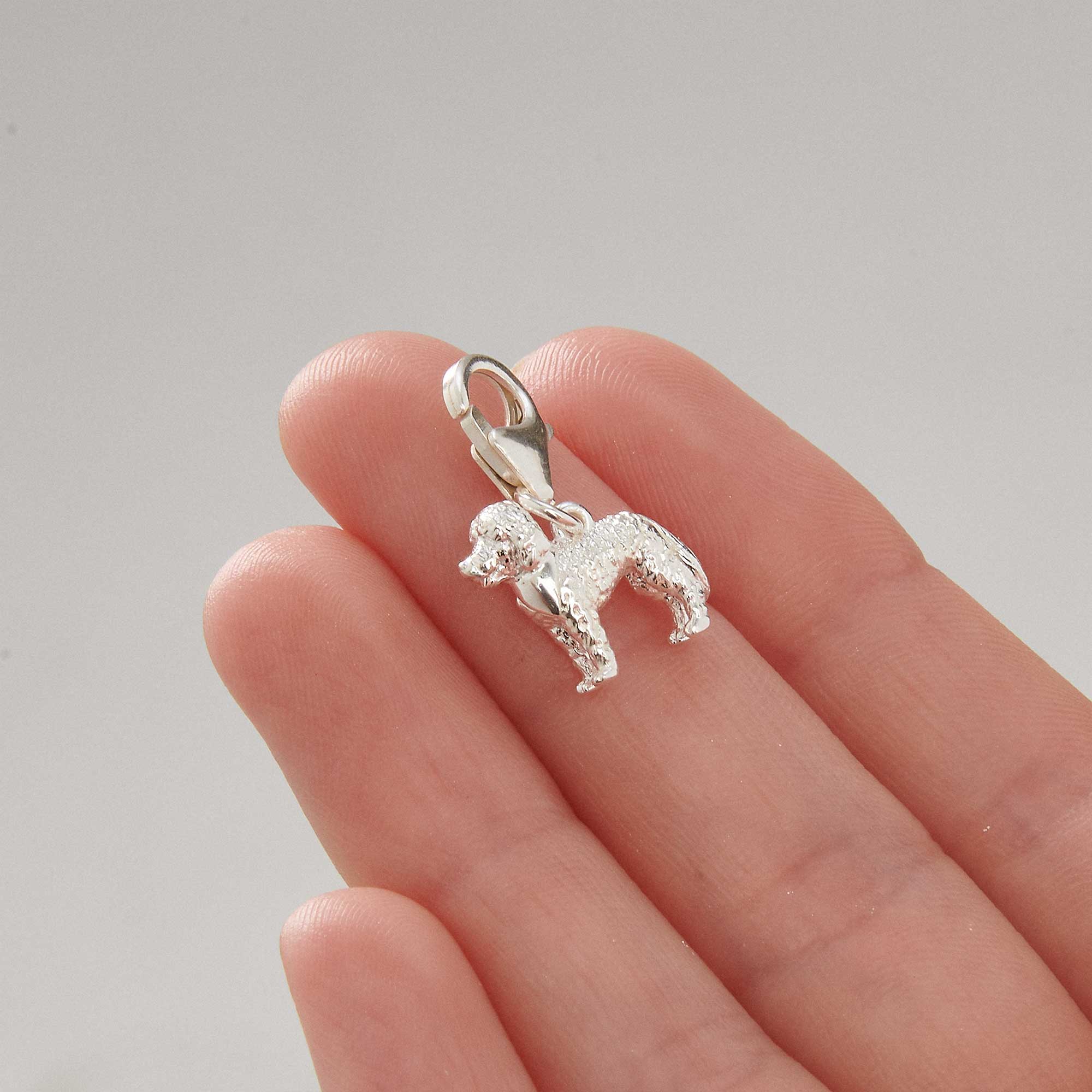 Labradoodle silver dog breed solid sterling silver dog charm with clip on clasp Scarlett Jewellery Ltd