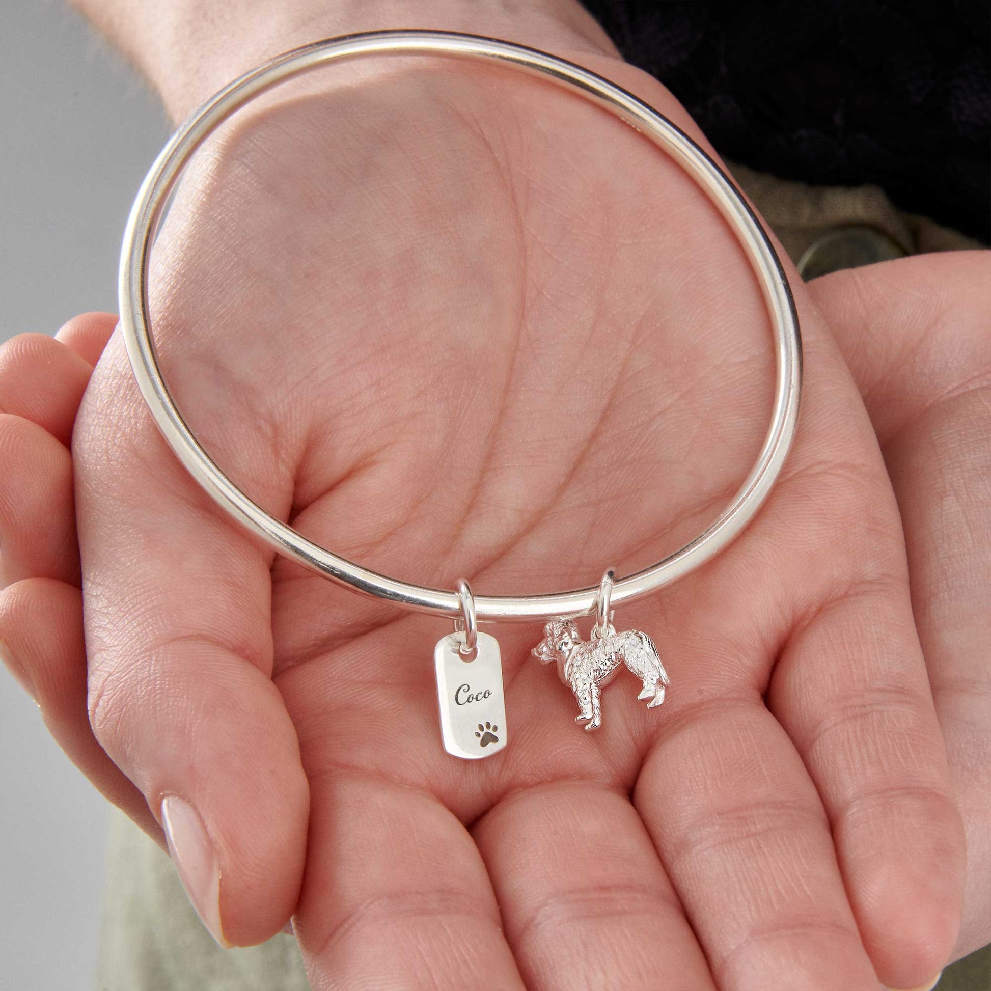 personalised labradoodle dog silver charm bangle sterling silver made in UK Scarlett Jewellery