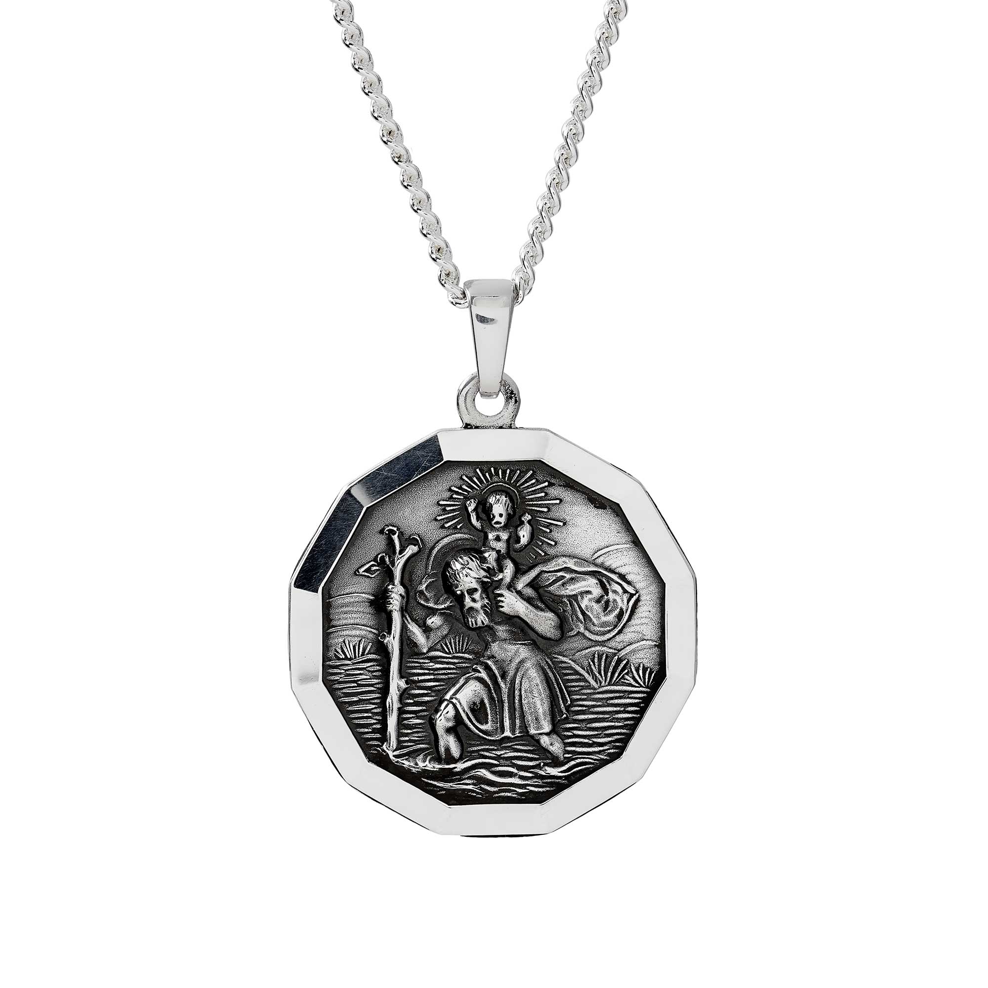 large silver 12 sided saint christopher necklace off the map travel jewelry for men