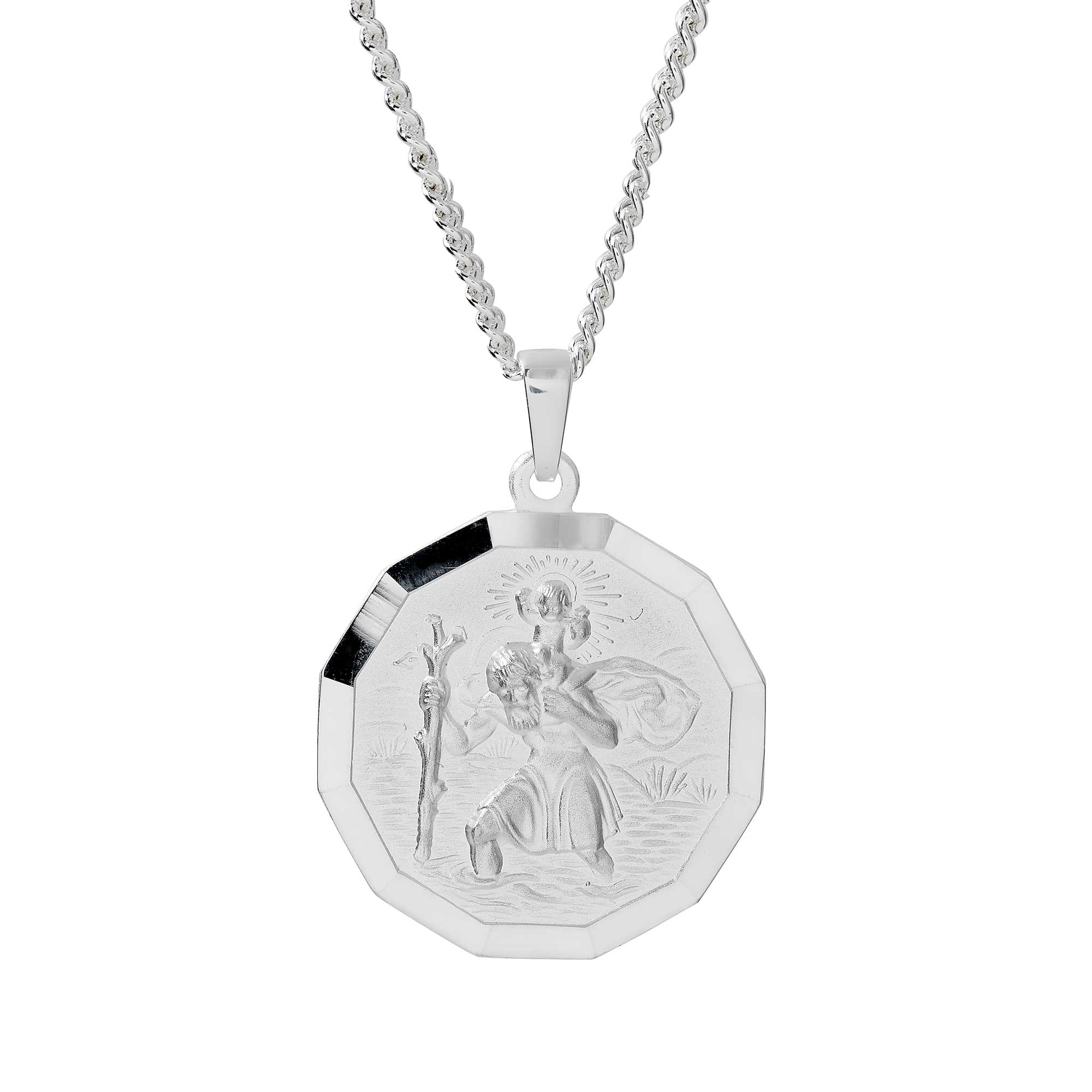 large silver 12 sided saint christopher necklace off the map travel jewelry for men