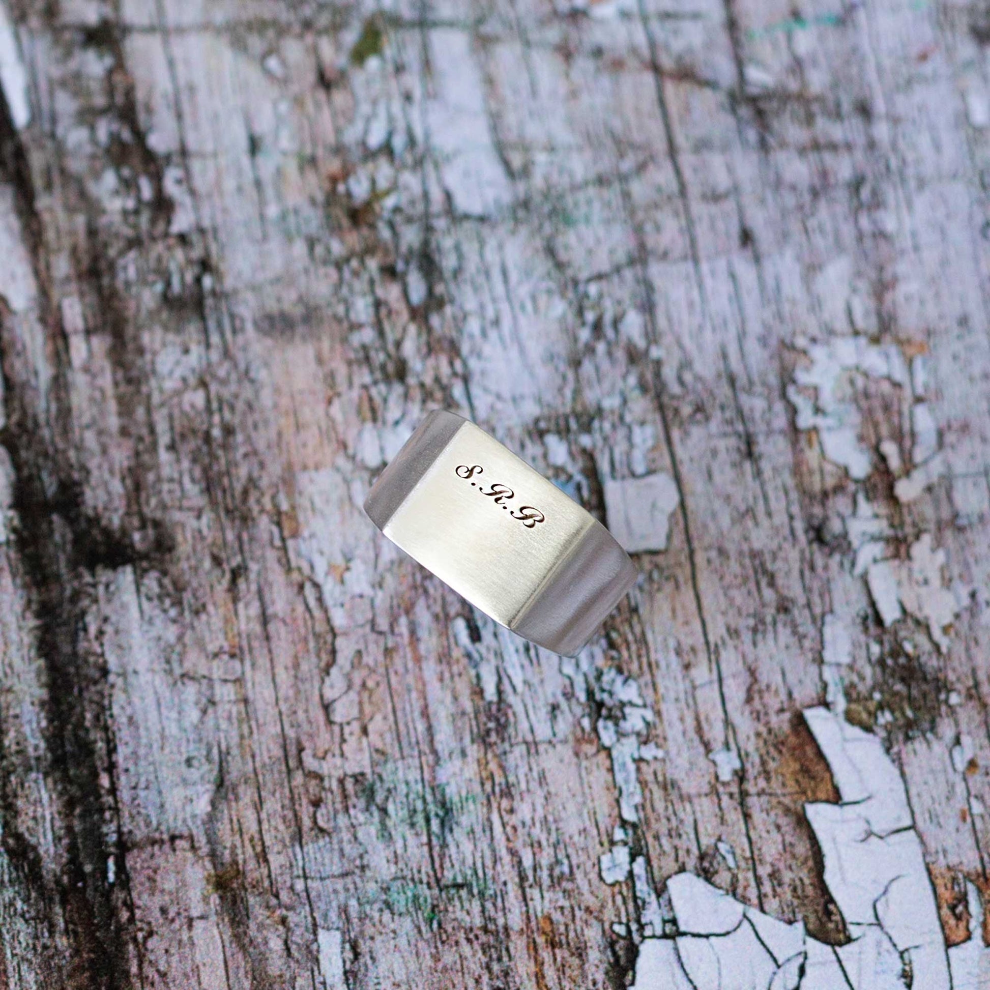silver signet ring bespoke personalised engrave with script monogram initials mans pinky ring gift for son grandson