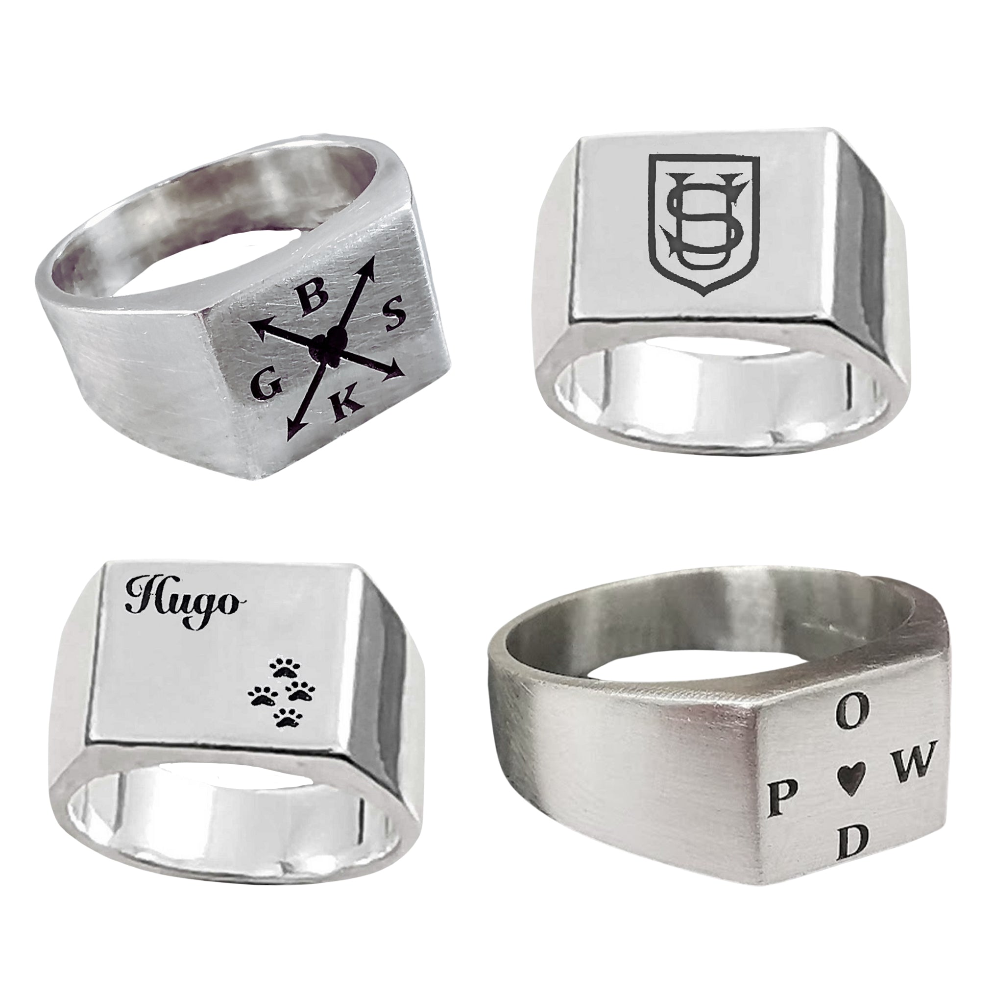 custom mens silver signet ring bespoke engraving logo symbols heart arrows