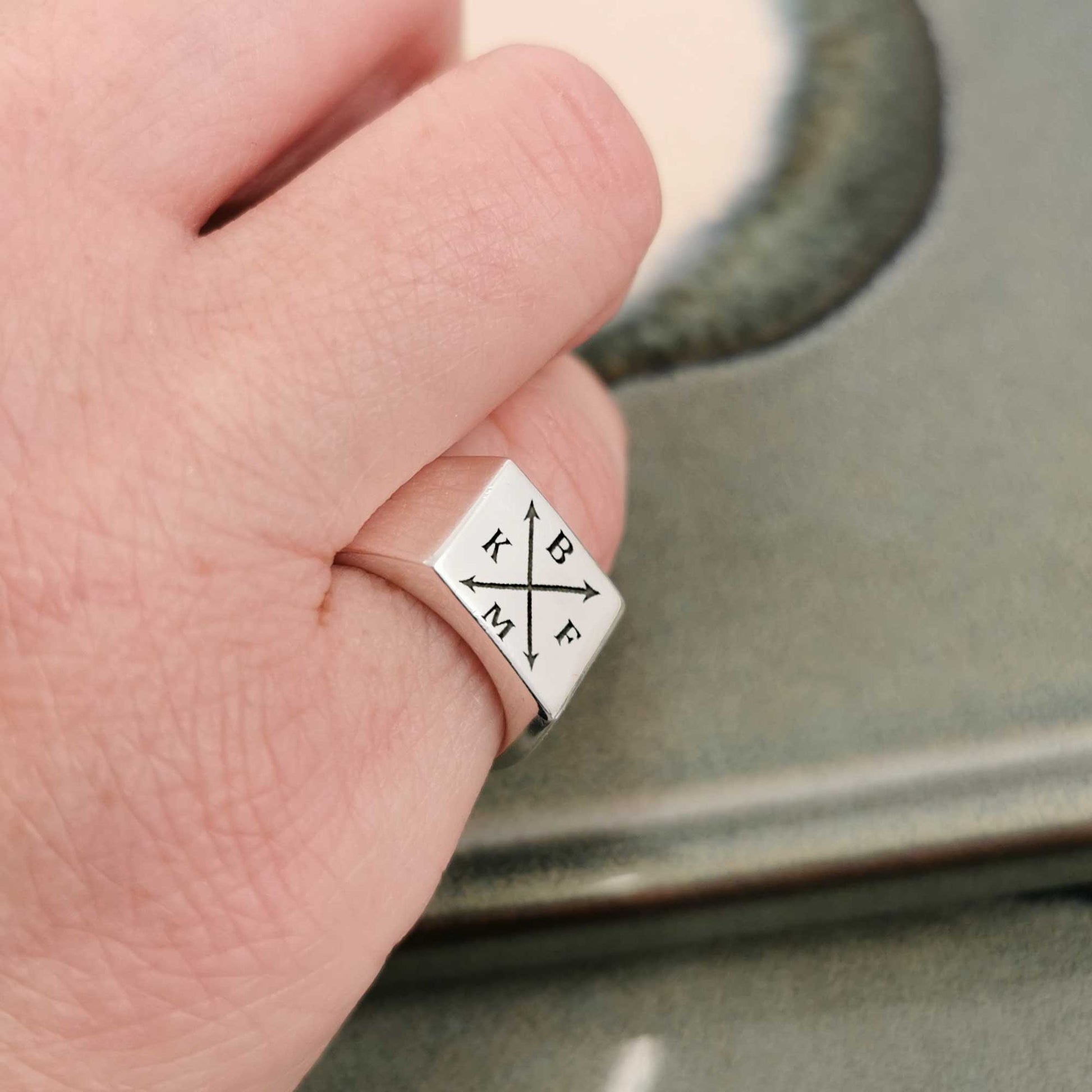 mens silver signet ring with family initials custom engraved personalised gift for dad husband