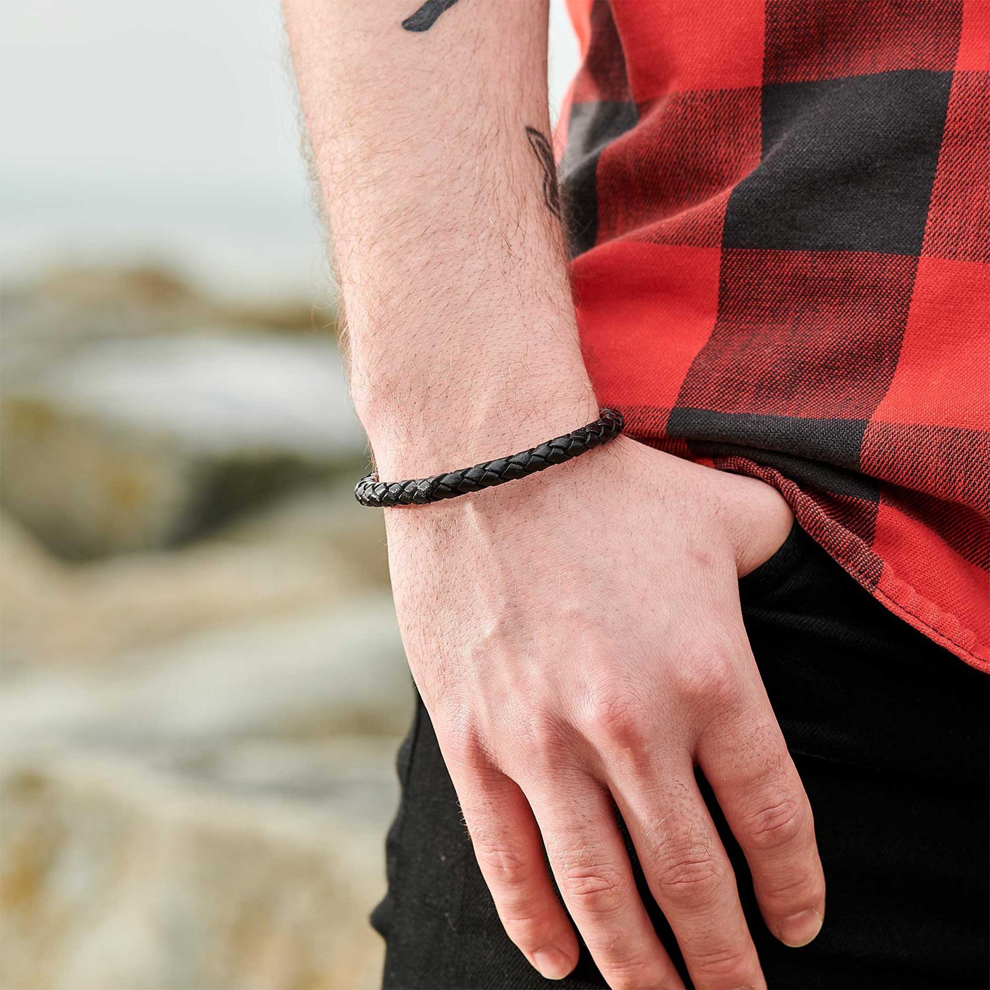 plain black mens leather bracelet scarlett jewellery