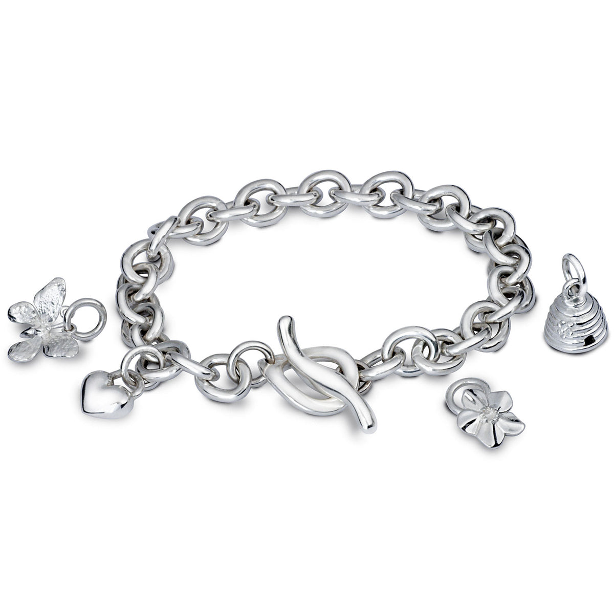 Traditional style designer silver charm bracelet with T-bar clasp Scarlett Jewellery