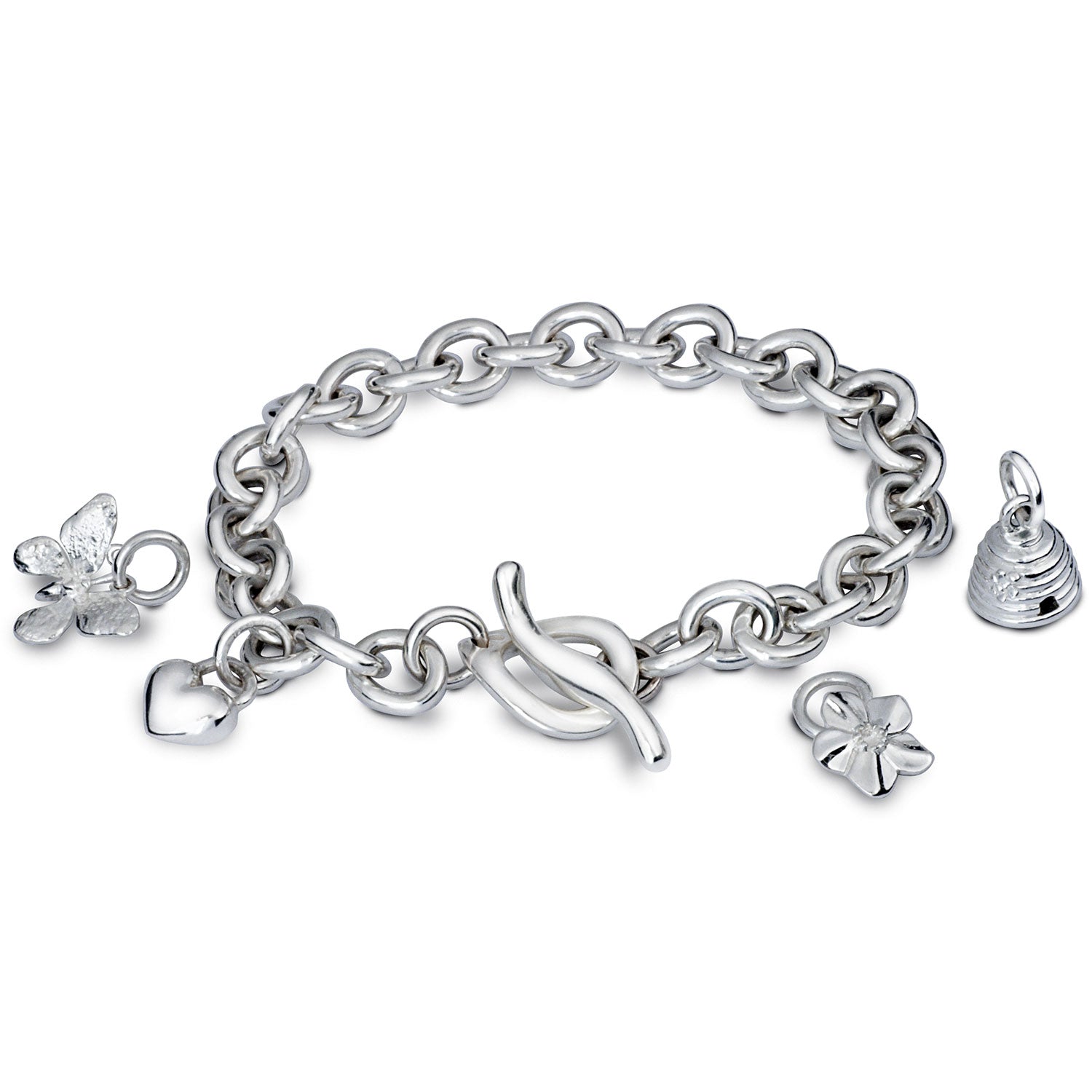 Traditional style designer silver charm bracelet with T-bar clasp Scarlett Jewellery