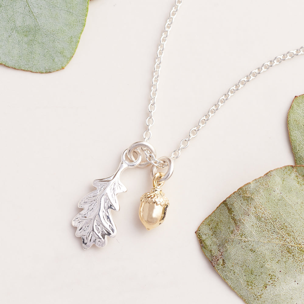 Little Acorn and oak leaf Solid Silver Tiny Necklace Designer Scarlett Jewellery