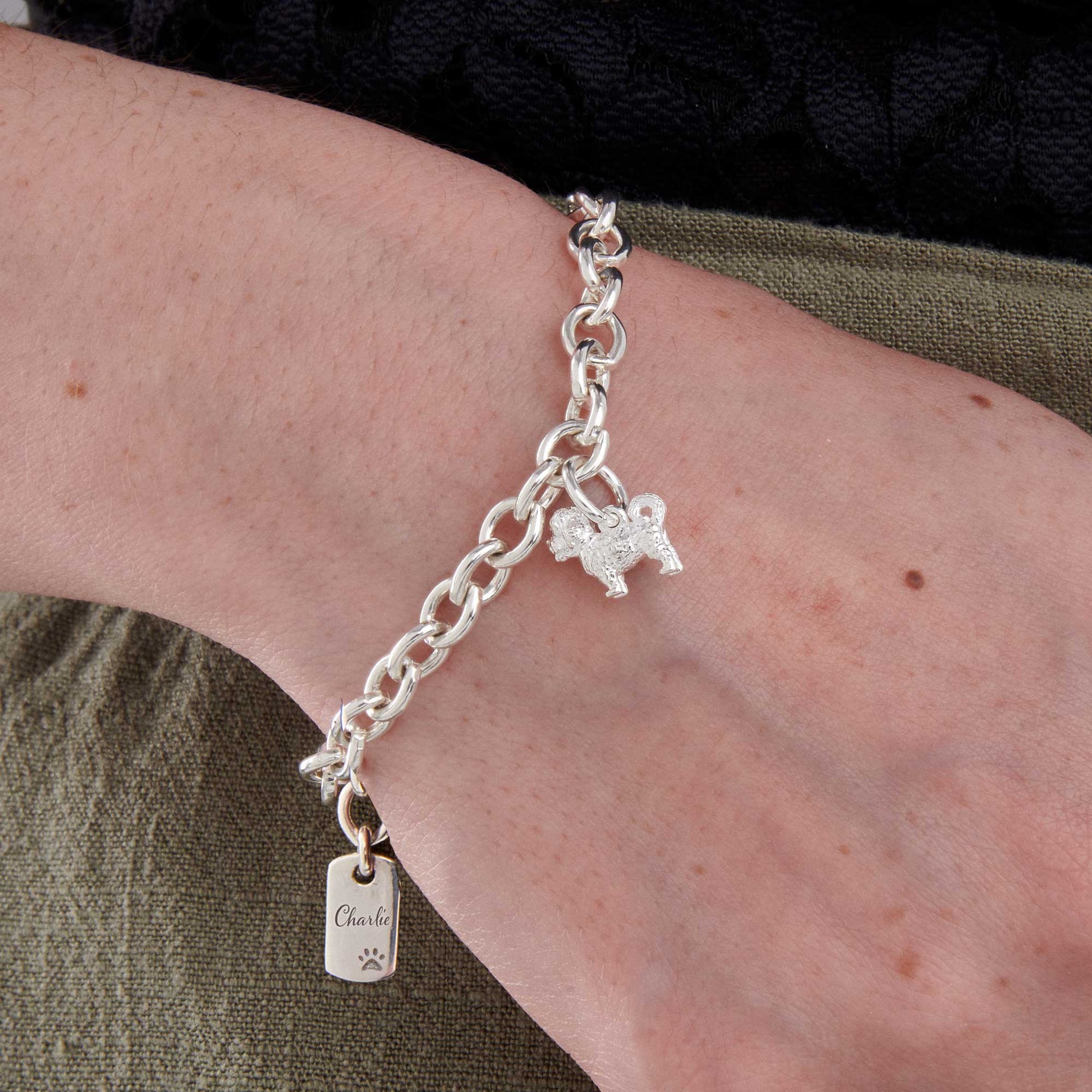 maltipoo silver charm bracelet with personalised engraved dog tag scarlett jewellery
