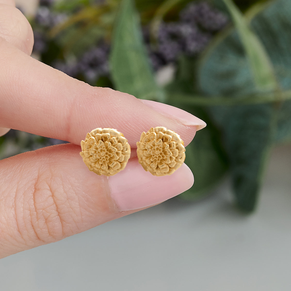 marigold flower gold plated silver stud earrings