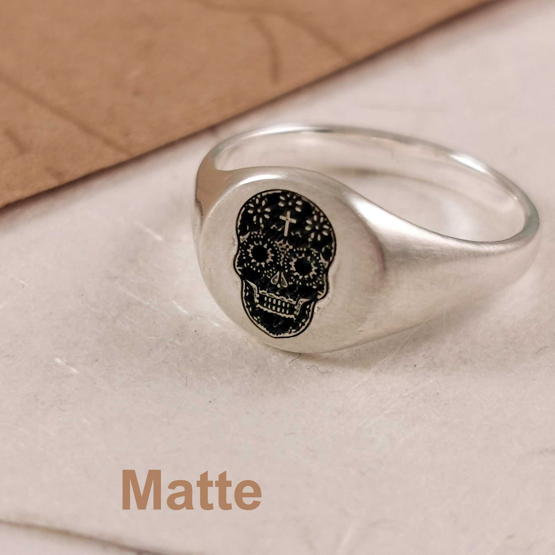 matte finish mens sugar skull signet ring solid silver