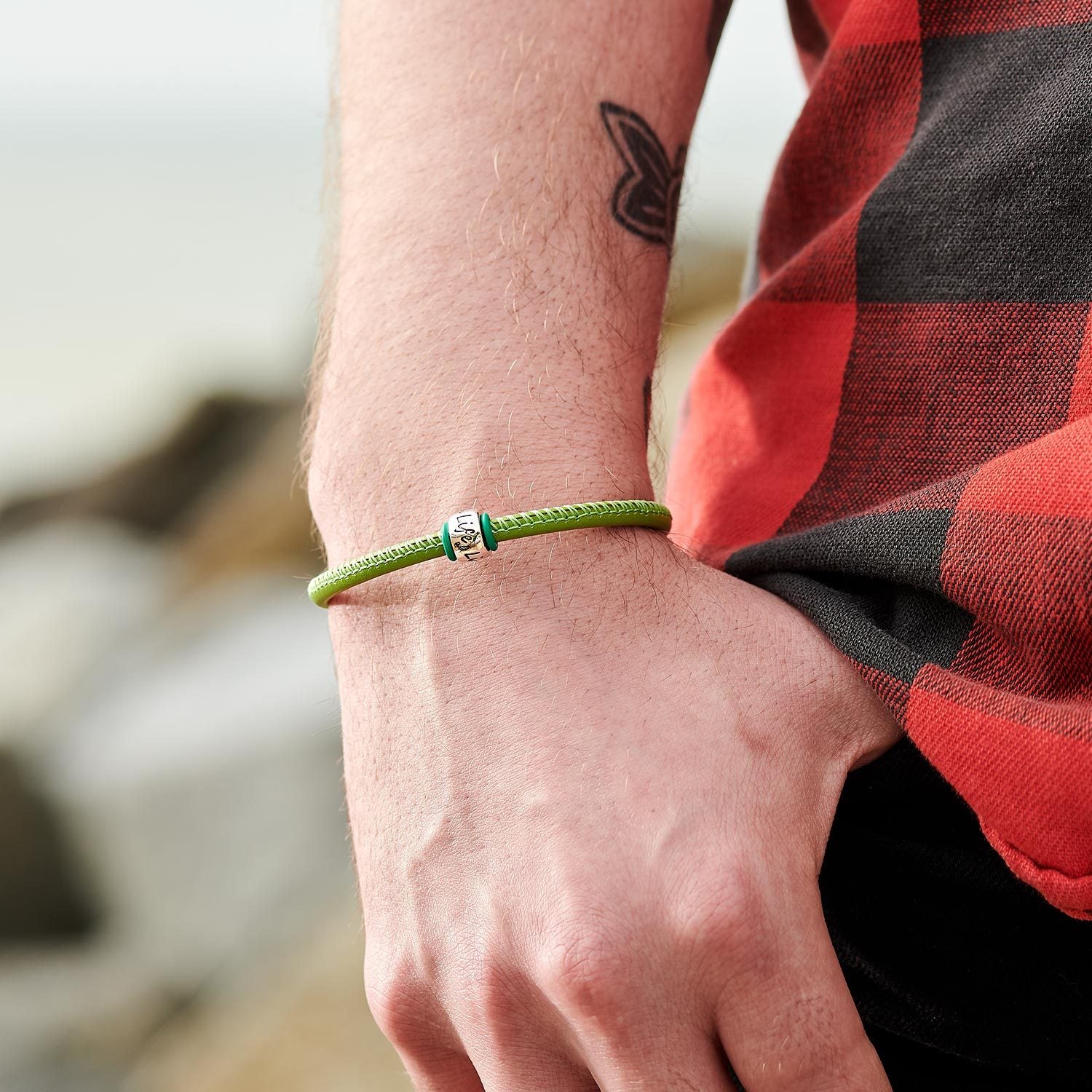 Leather bracelet for men with green Jade and sterling silver beads - JoyElly