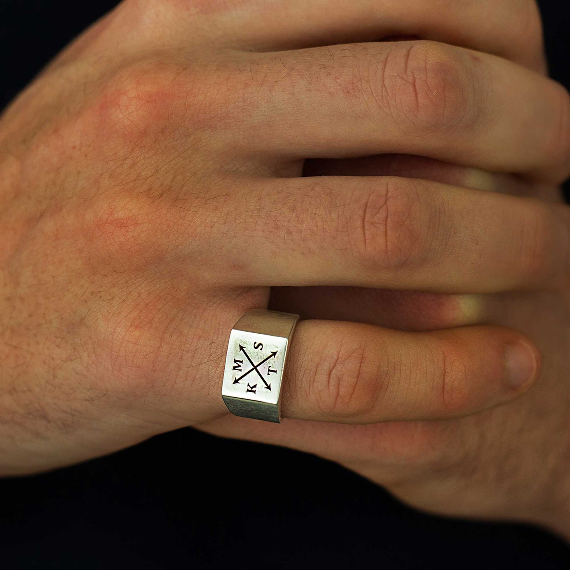 mens silver signet ring with family initials custom engraved personalised gift for dad husband