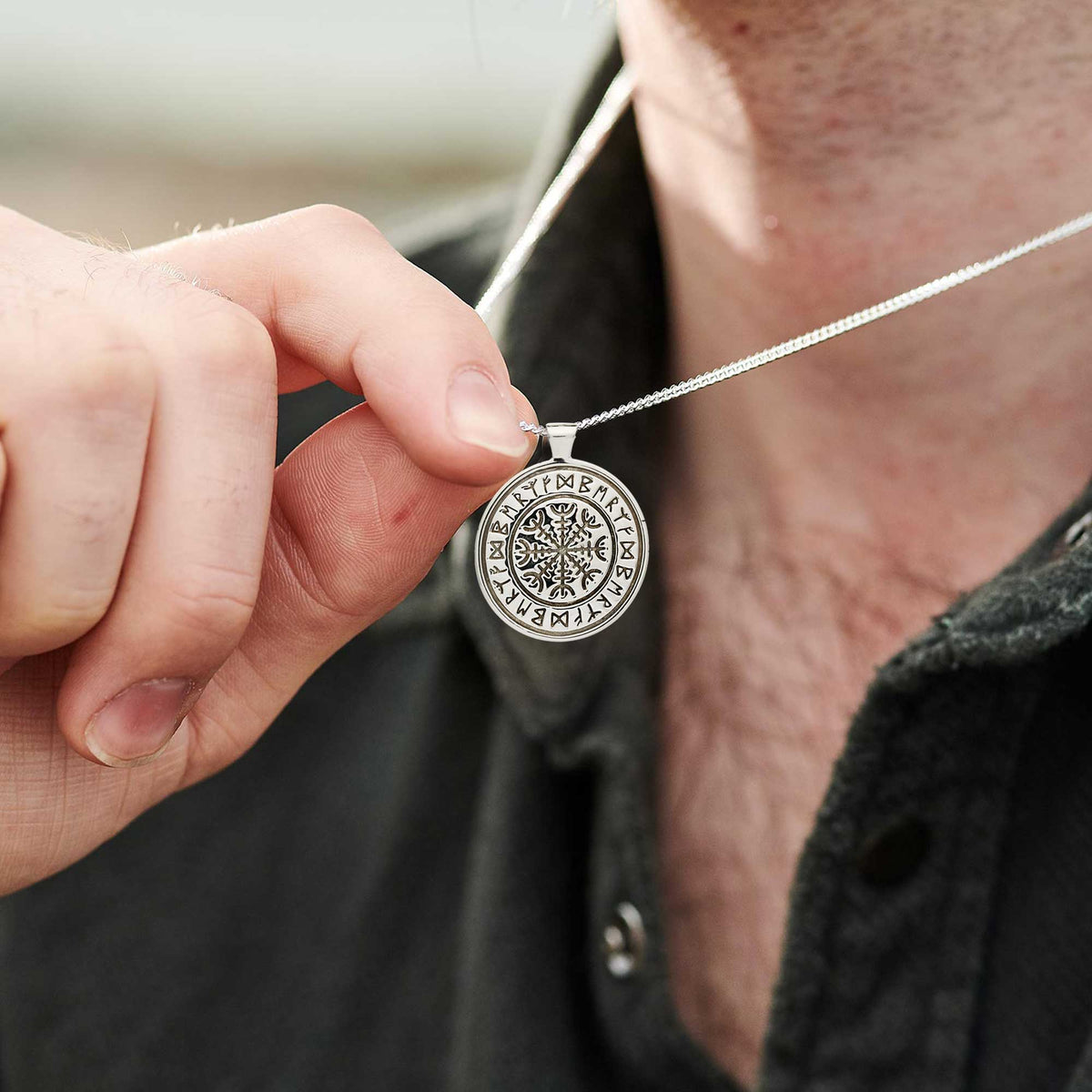 Chunky men&#39;s silver Viking nordic travel rune necklace engraved with travel protection freedom rune symbols from Off The Map Jewellery