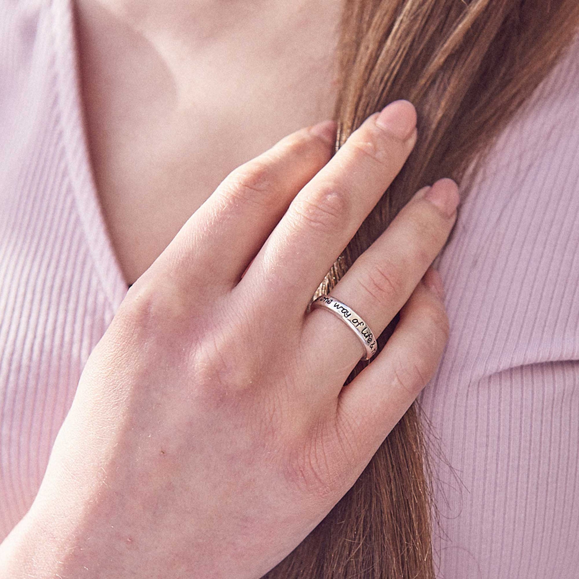 Personalised kids name or message phrase quote engraved silver ring for stacking womens designer Scarlett Jewellery