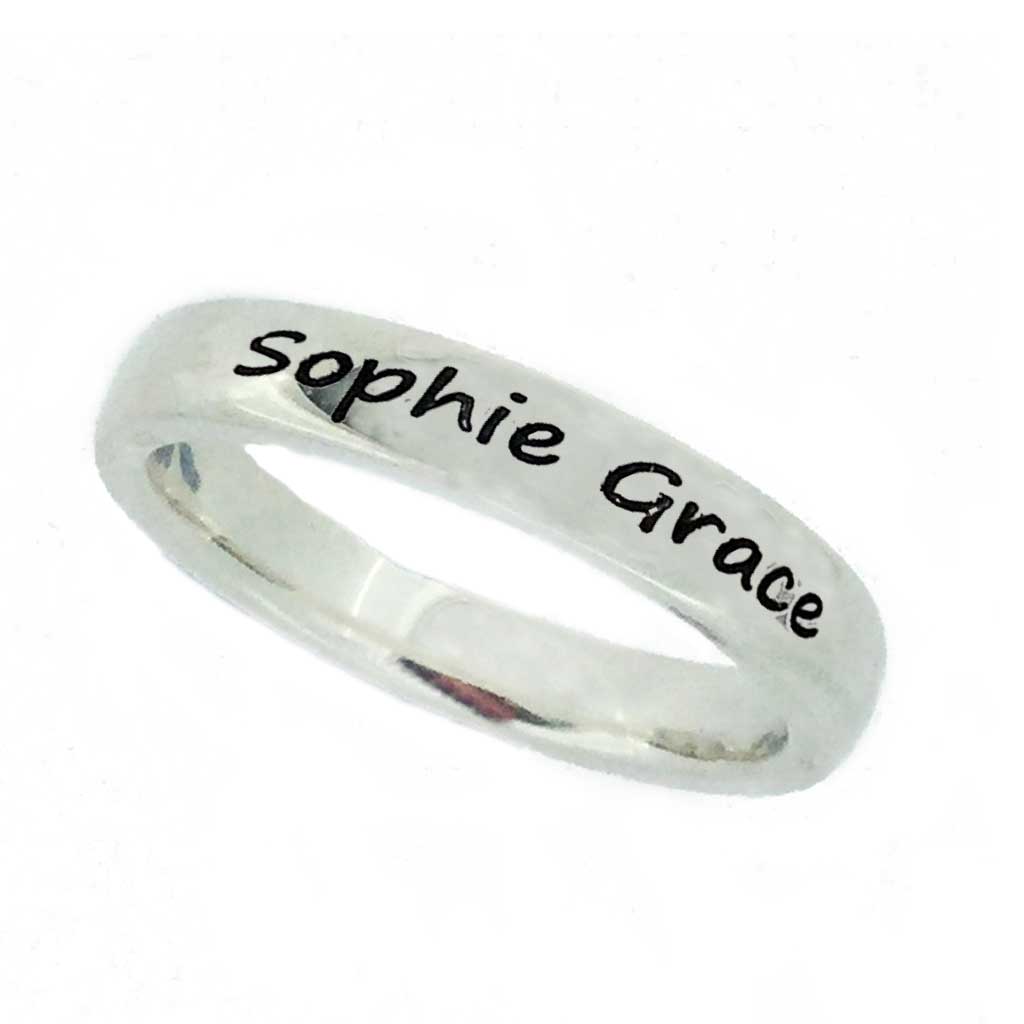 personalised name message bespoke custom engraved silver ring band scarlett jewellery