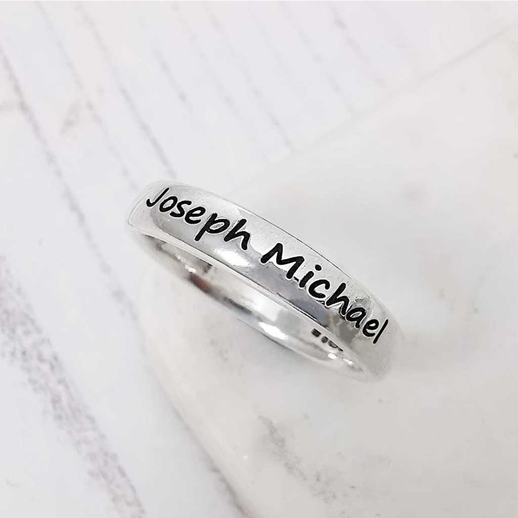 personalised name message bespoke custom engraved silver ring band scarlett jewellery