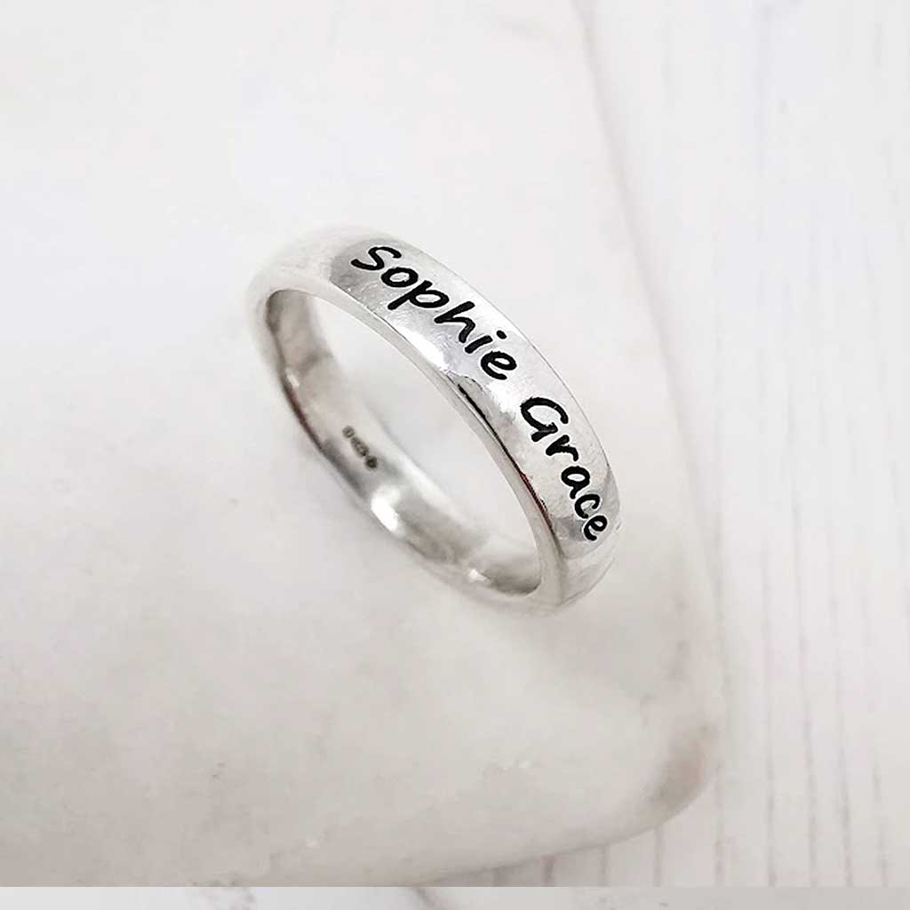 personalised name message bespoke custom engraved silver ring band scarlett jewellery