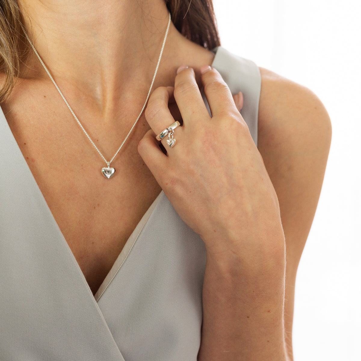 Contemporary Styling for Women -  Silver Heart Charm Ring And Necklace
