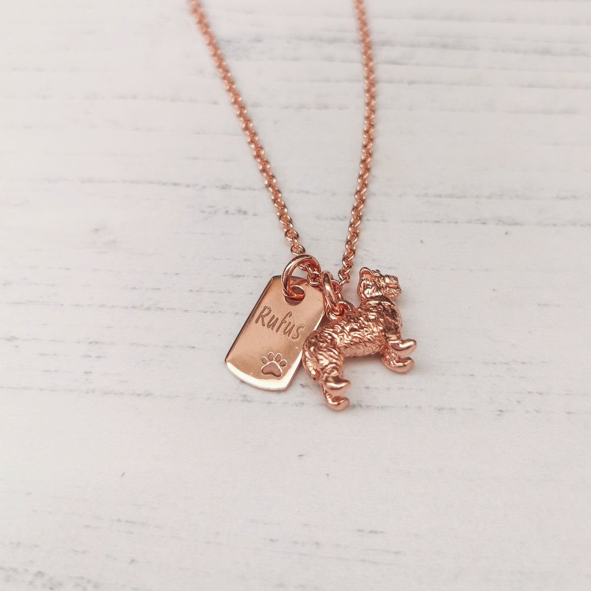 rose gold miniature schnauzer necklace engraved with dogs name gift for pet loss