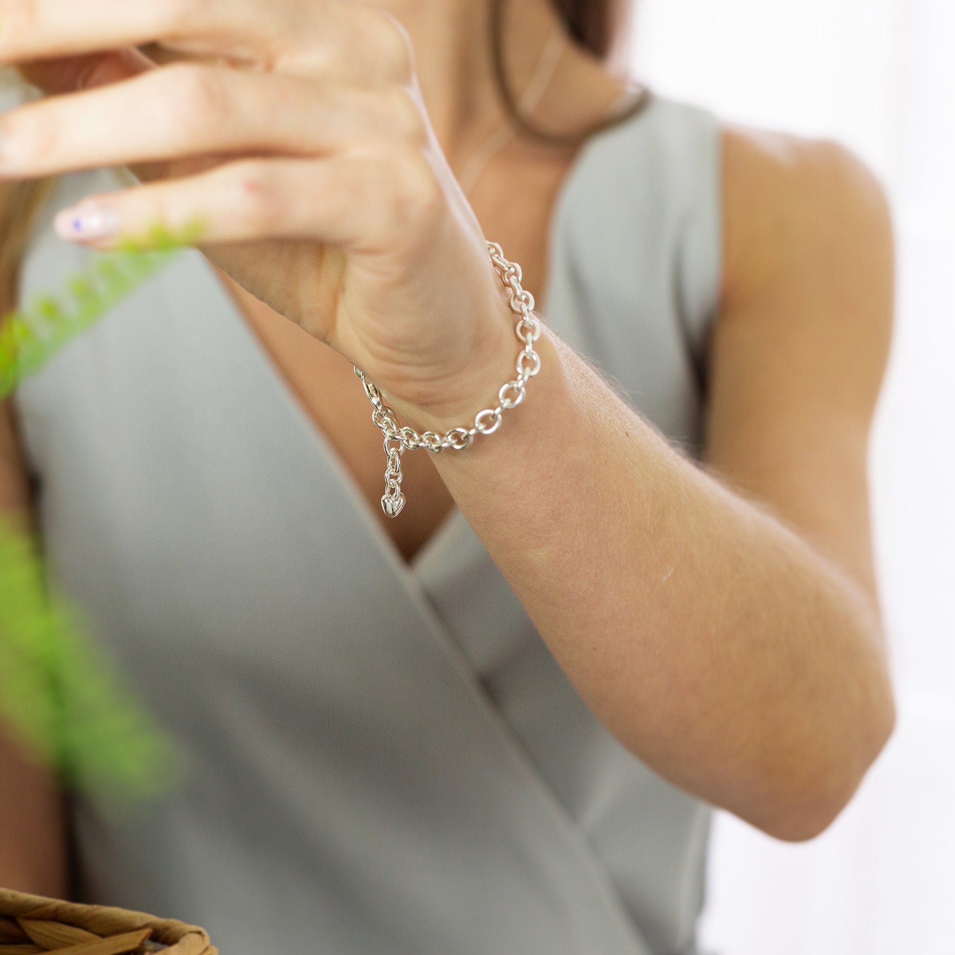 adjustable recycled silver heart charm bracelet for women