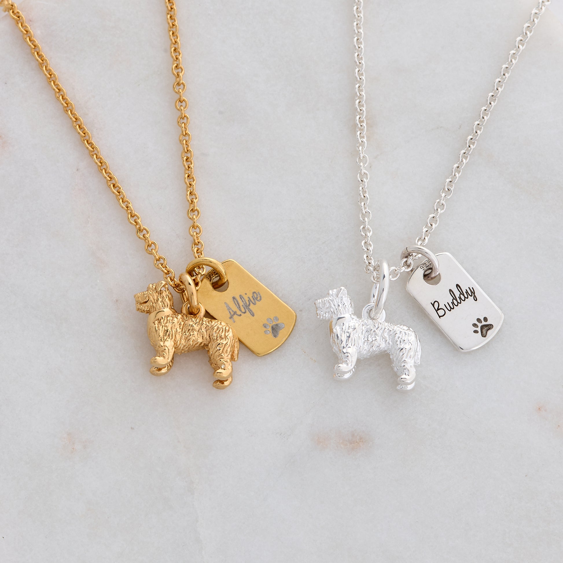 Miniature Schnauzer silver charm necklace engraved gift for pet loss from the dog Scarlett Jewellery UK