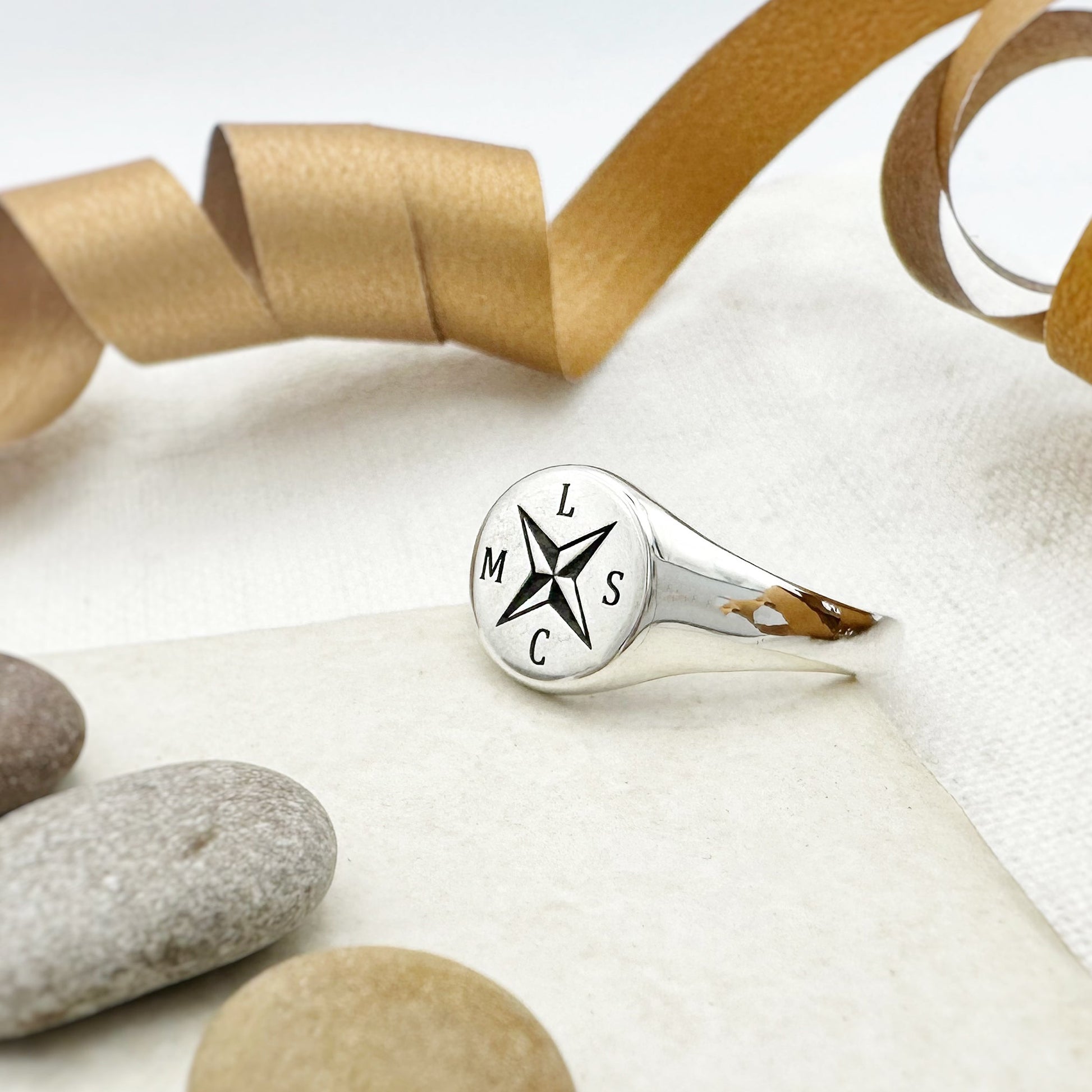 nautical compass cross initials signet ring pinky finger sterling silver