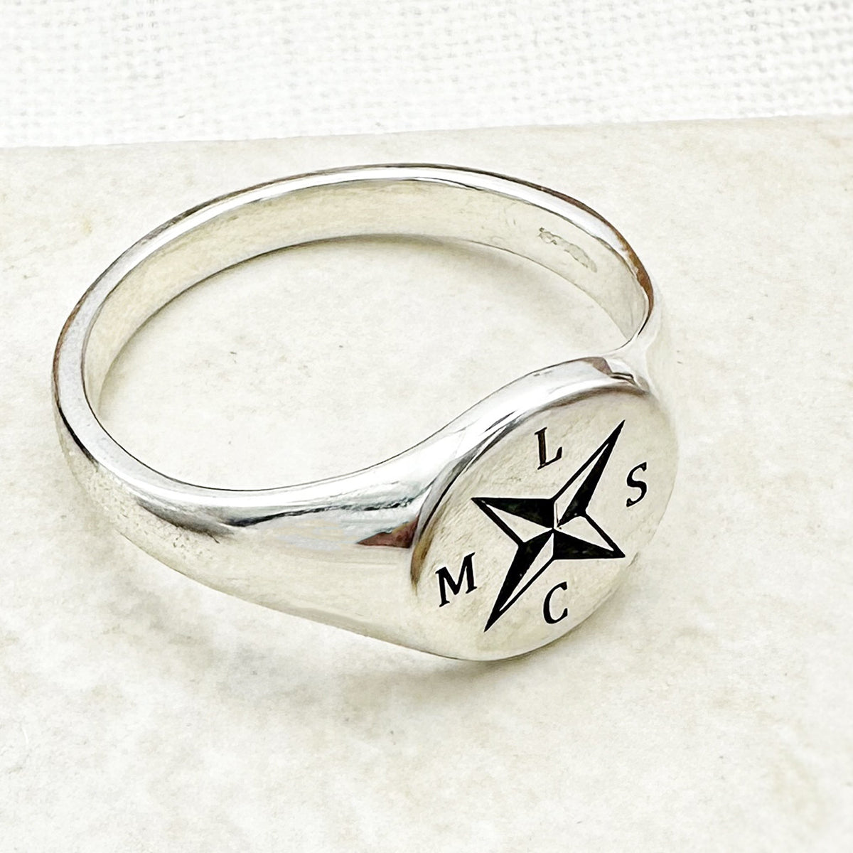 nautical compass cross initials signet ring pinky finger sterling silver