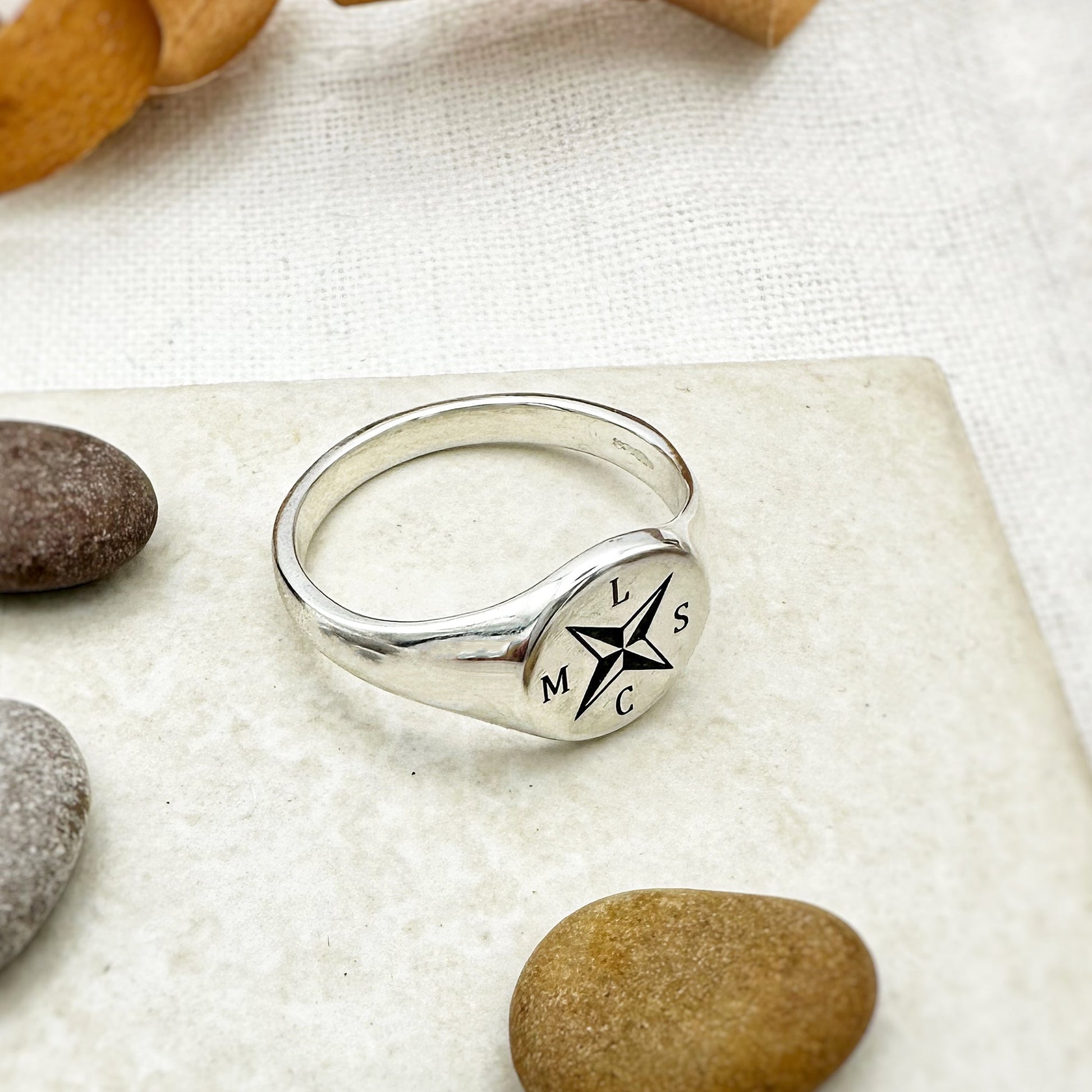 nautical compass cross initials signet ring pinky finger sterling silver