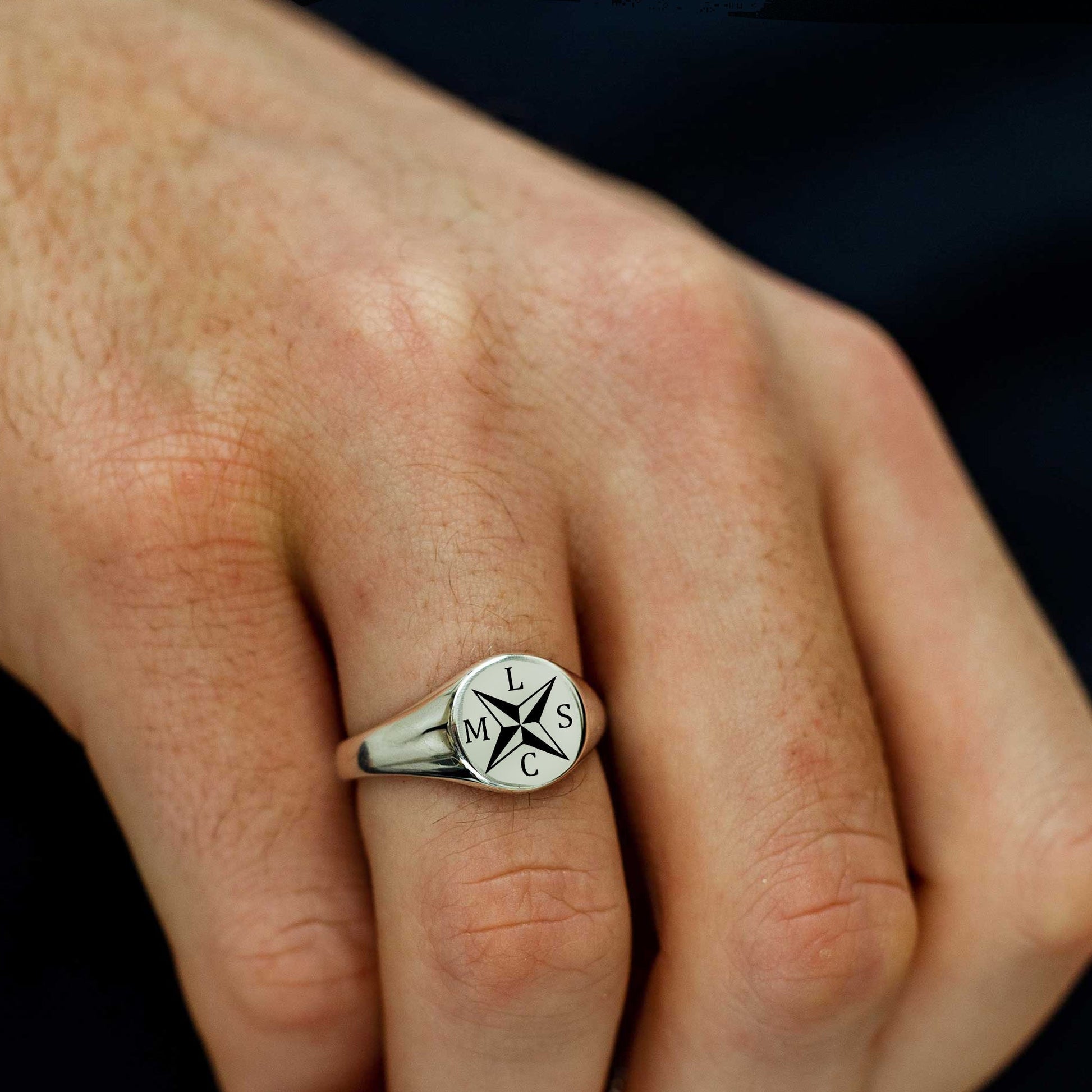 nautical compass cross initials signet ring pinky finger sterling silver