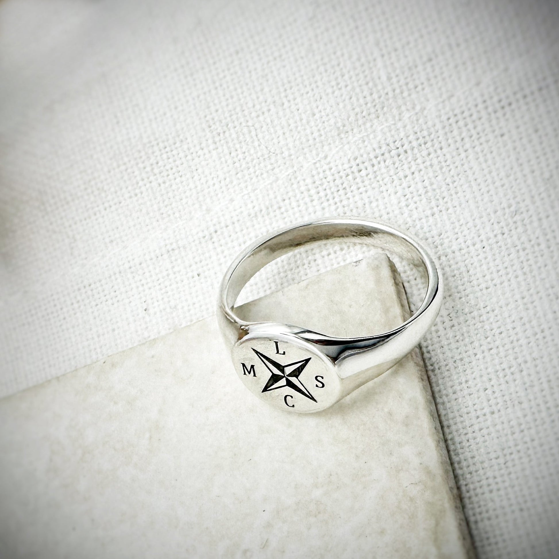 nautical compass cross initials signet ring pinky finger sterling silver