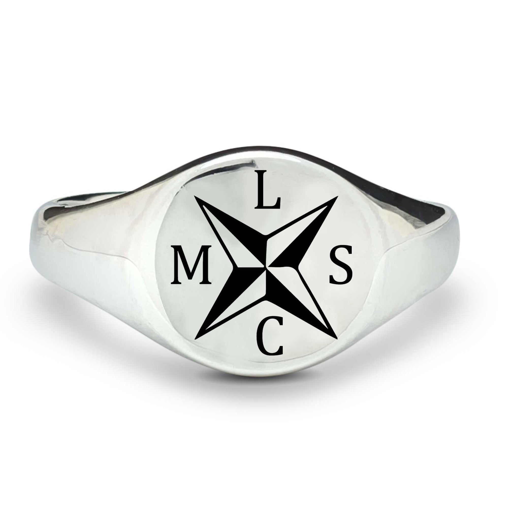 nautical compass cross initials signet ring pinky finger sterling silver