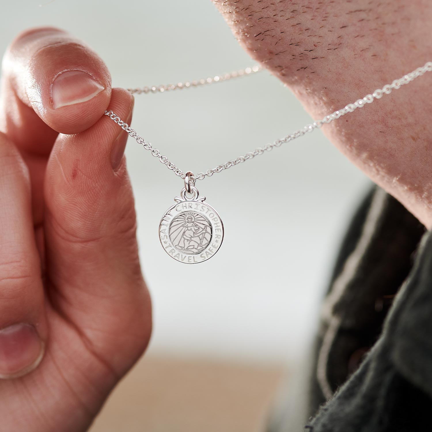 Unusual silver st Christopher necklace for man or woman from Off The Map Jewelry Brighton