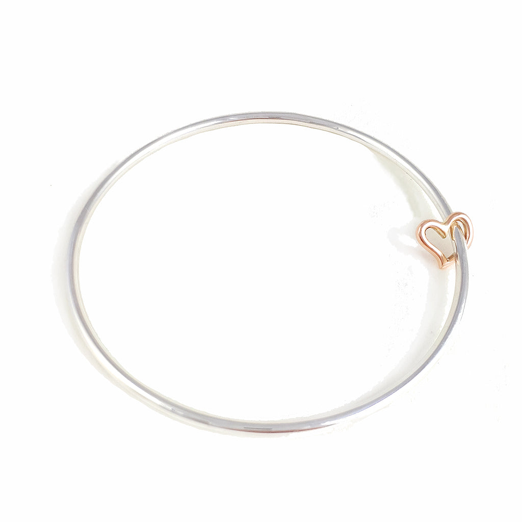 Solid silver and rose gold open heart charm bangle designer bracelet Scarlett Jewellery