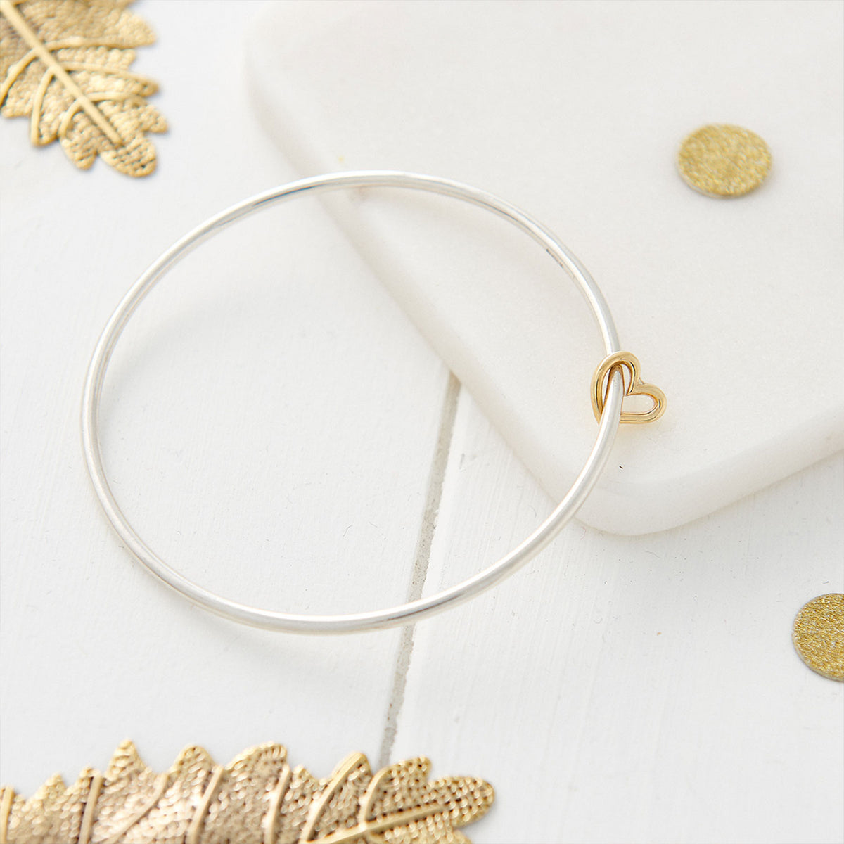 Solid silver and gold open heart charm bangle designer bracelet Scarlett Jewellery
