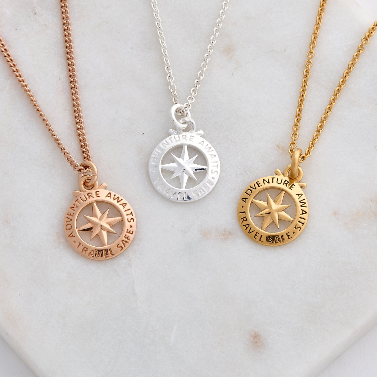 Travel Safe Outline Compass Gold Plated Silver Necklace