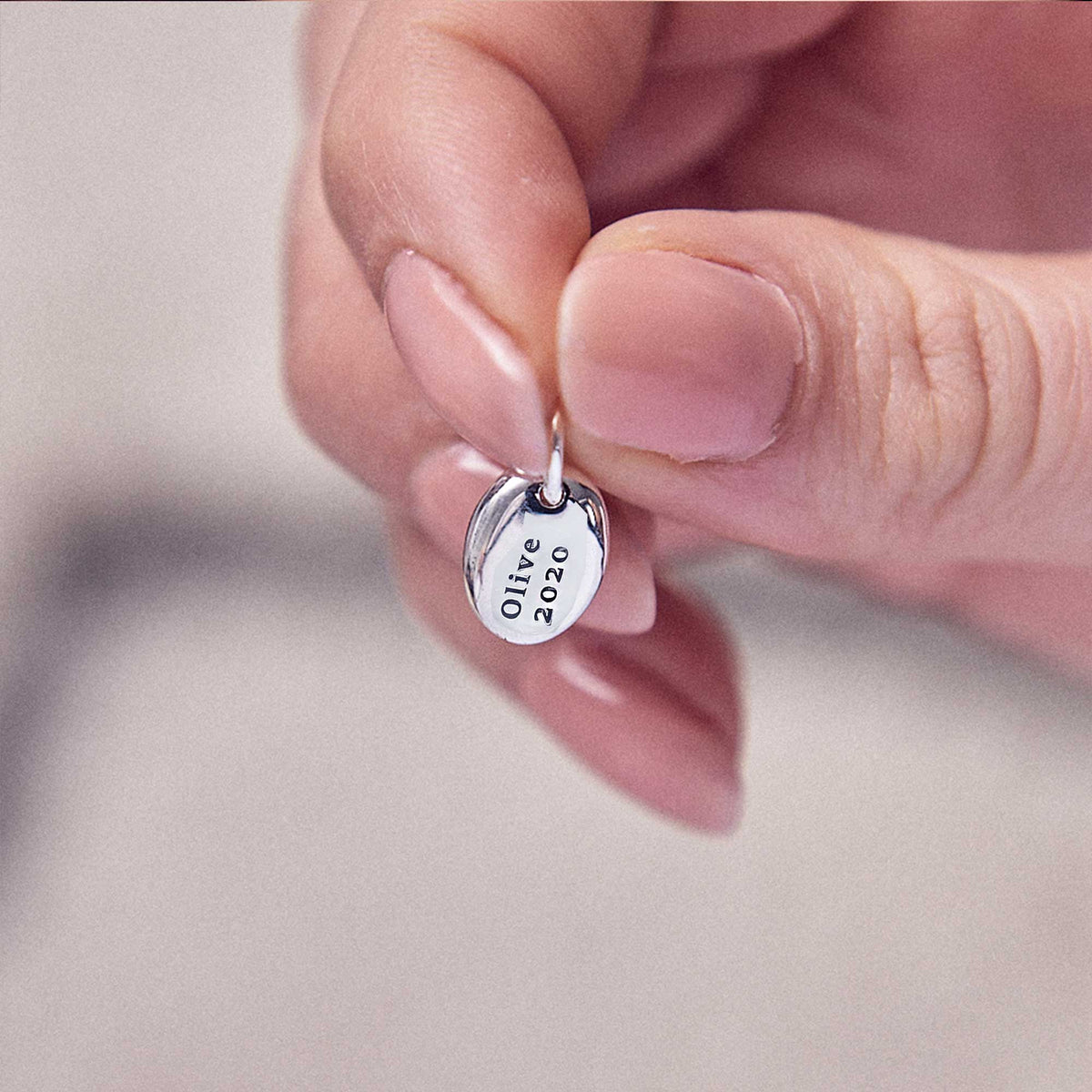 Pebble Personalised name and date Silver Charm