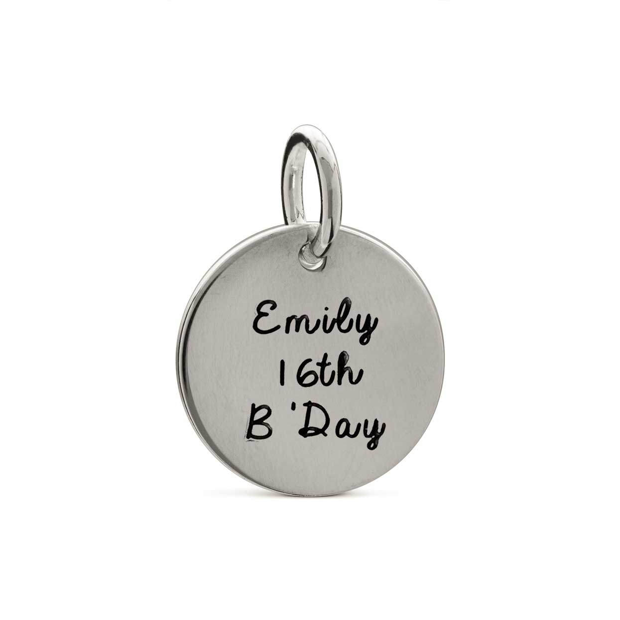 personalised silver disc charm engraved script font