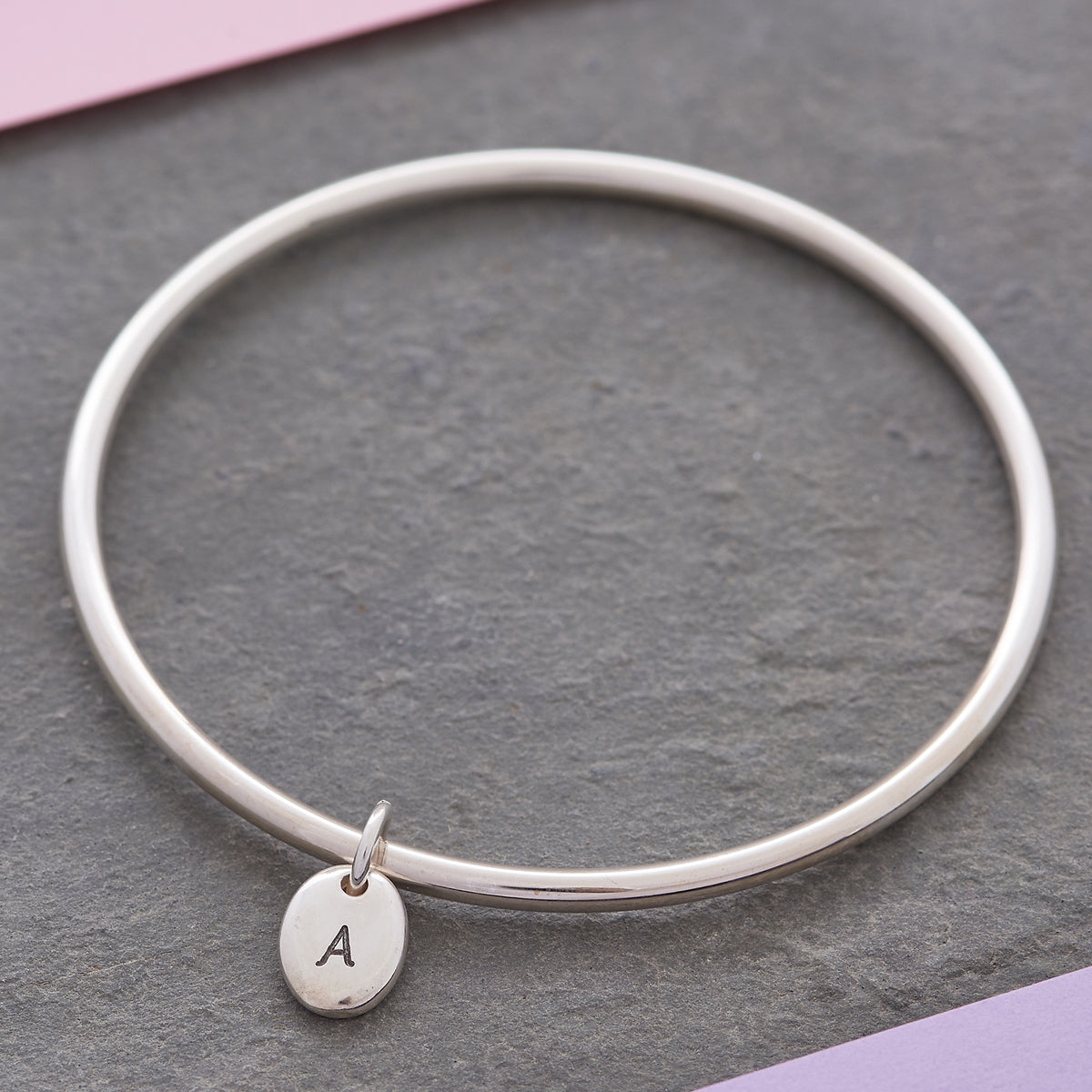 Personalised Pebble Silver Charm Bangle engraved with initial A