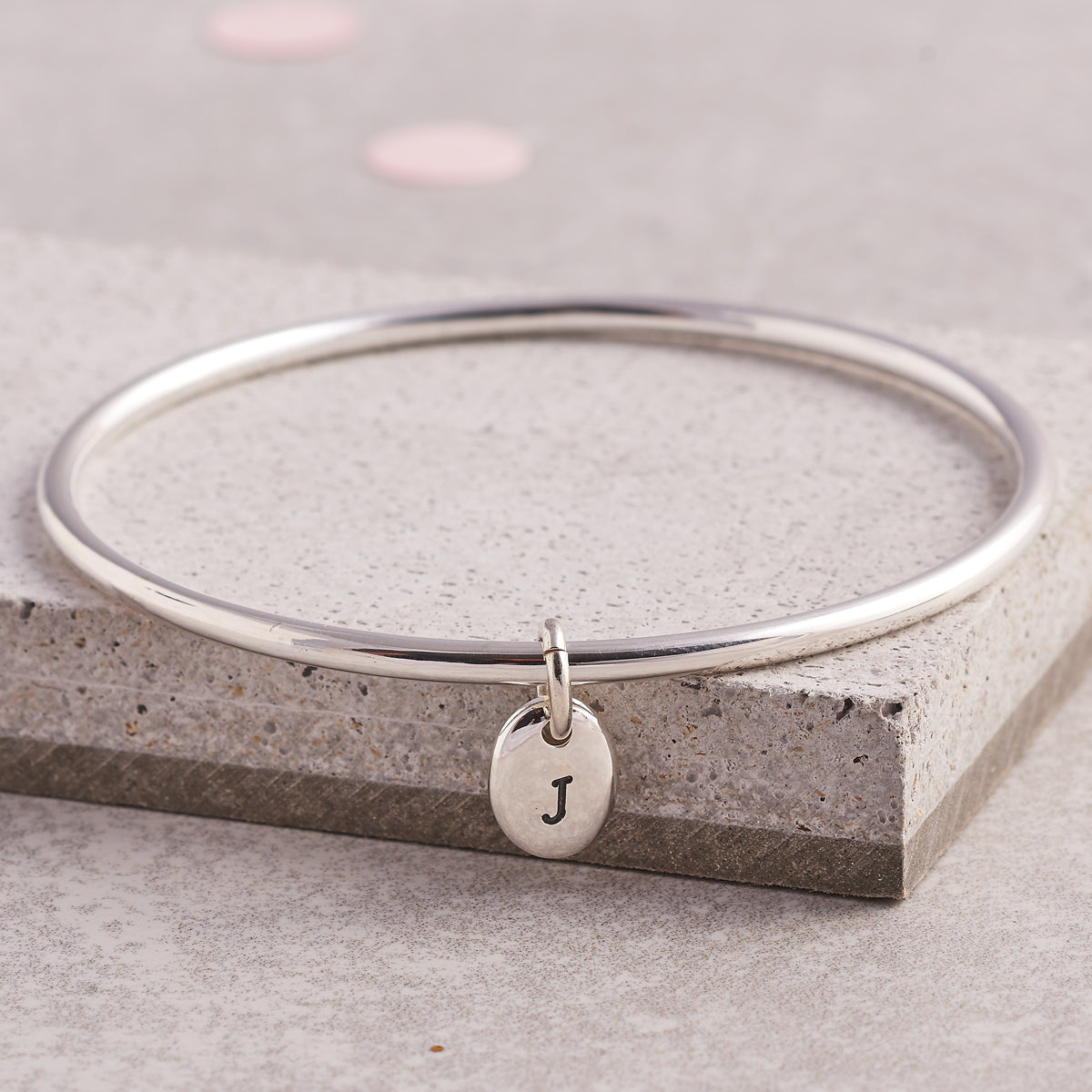 Personalised Pebble Silver Charm Bangle engraved with initial J
