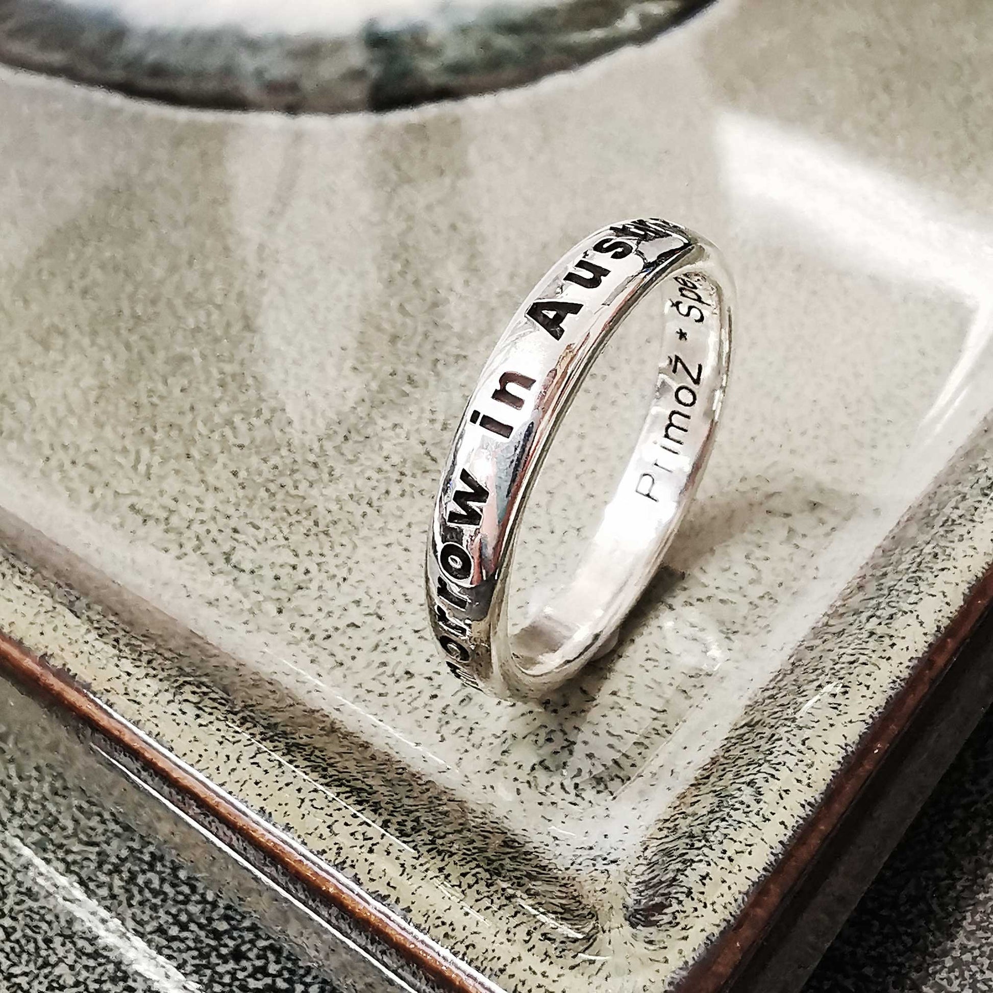 personalised unisex silver ring engraved with custom message