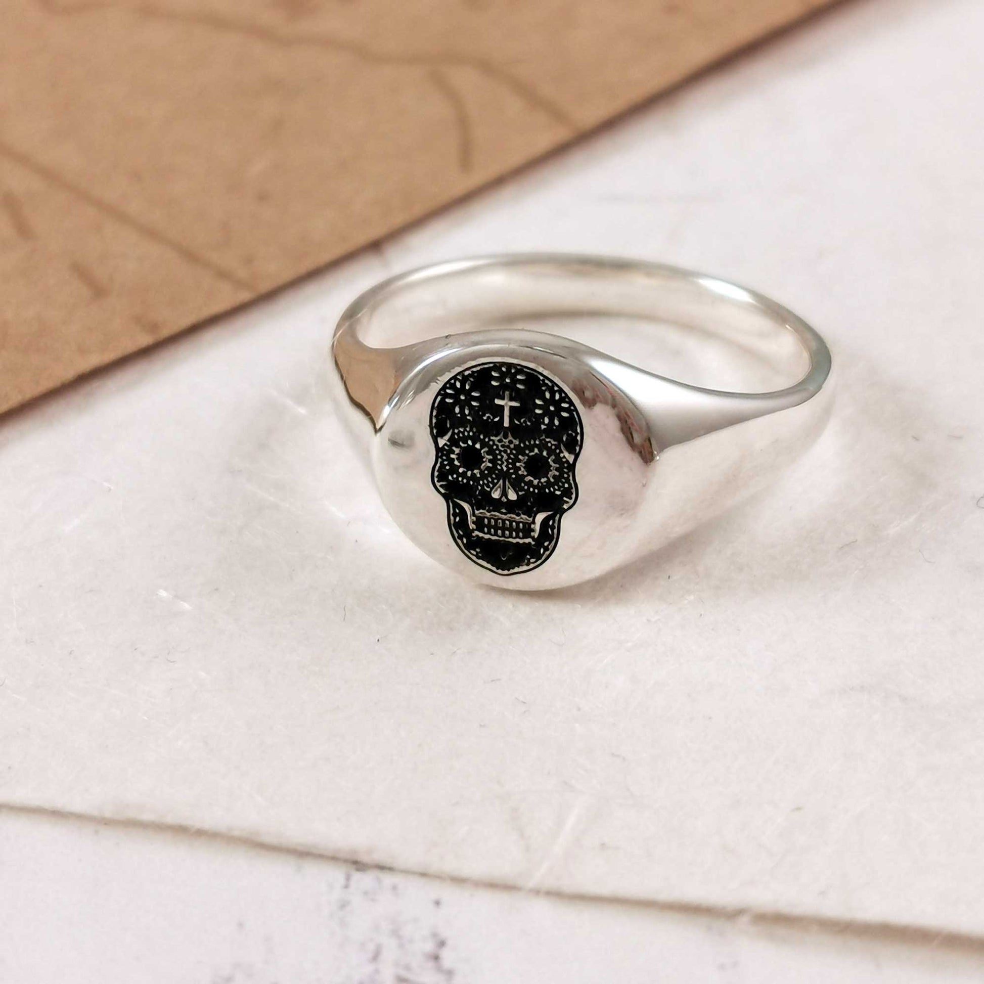 polished  finish mens sugar skull signet ring solid silver