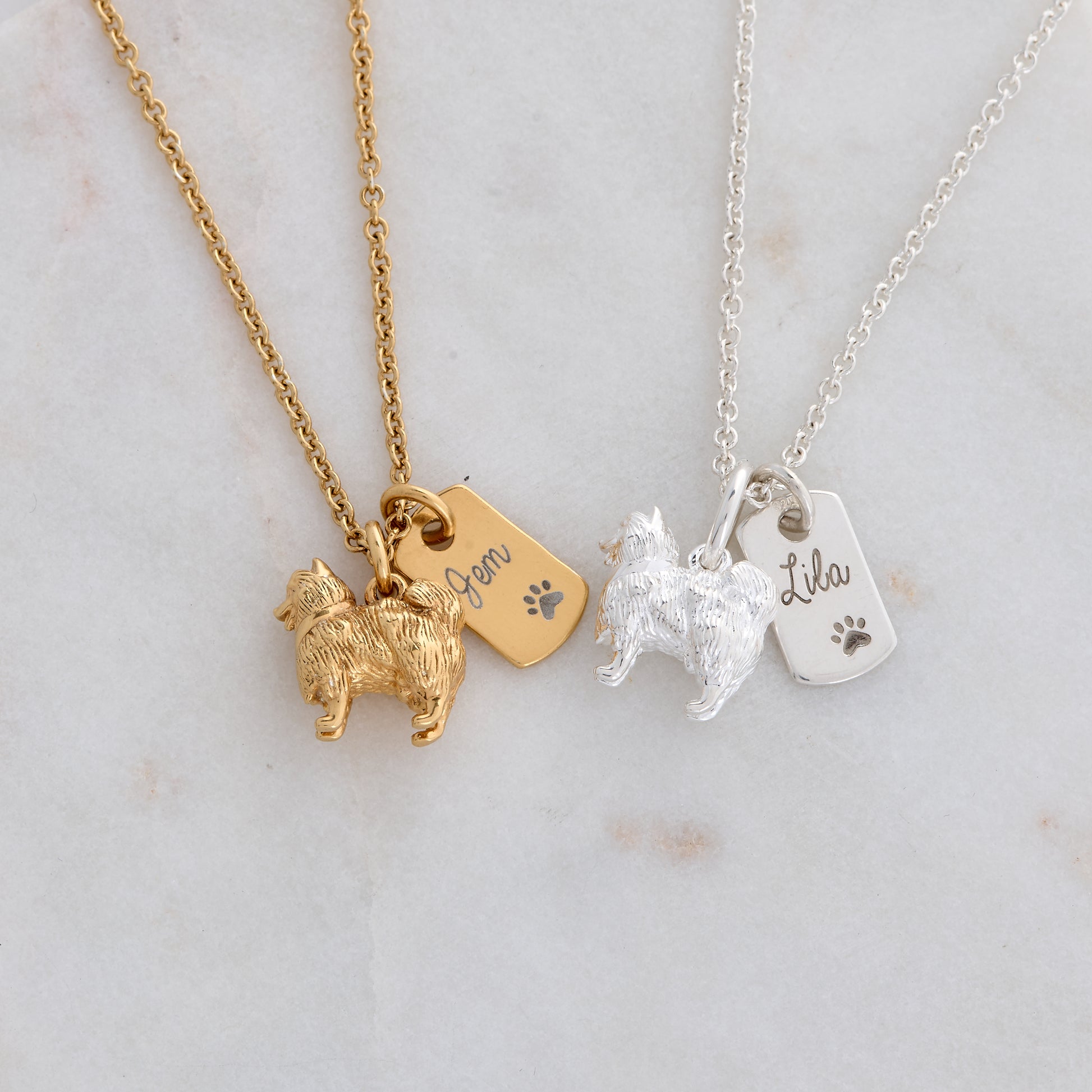 Pomeranian silver dog charm necklace engraved pet loss jewellery gift Scarlett Jewellery UK