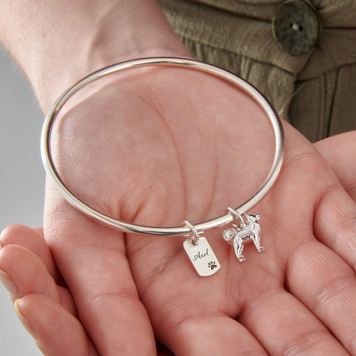 personalised pomsky jewellery gift silver charm bangle sterling silver made in UK Scarlett Jewellery