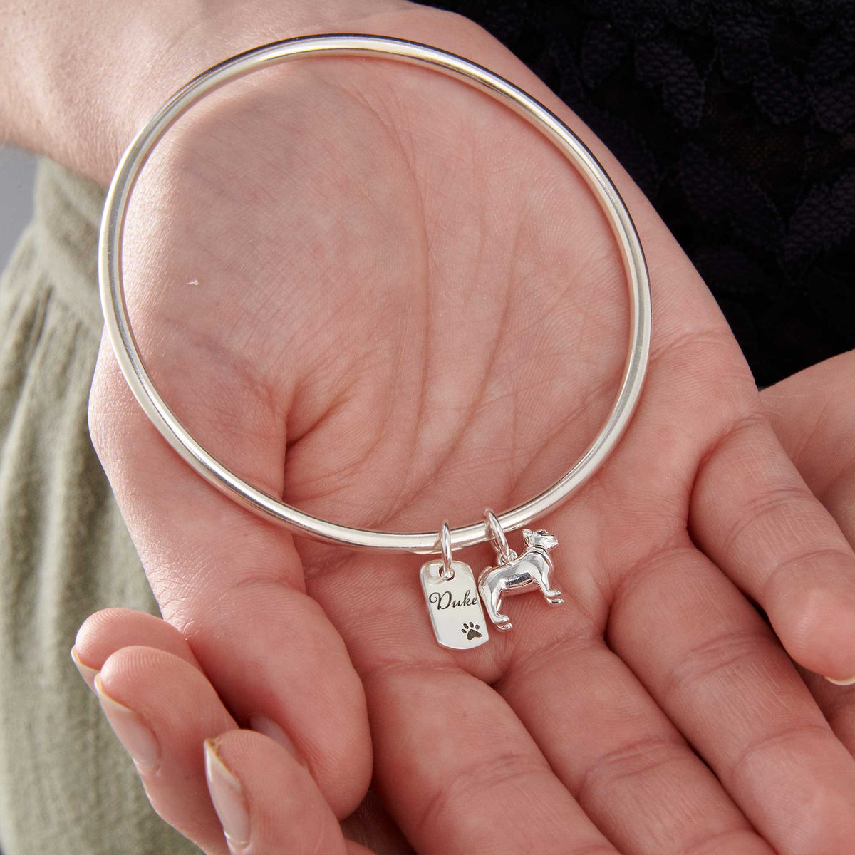 personalised pug jewellery gift silver charm bangle sterling silver made in UK Scarlett Jewellery