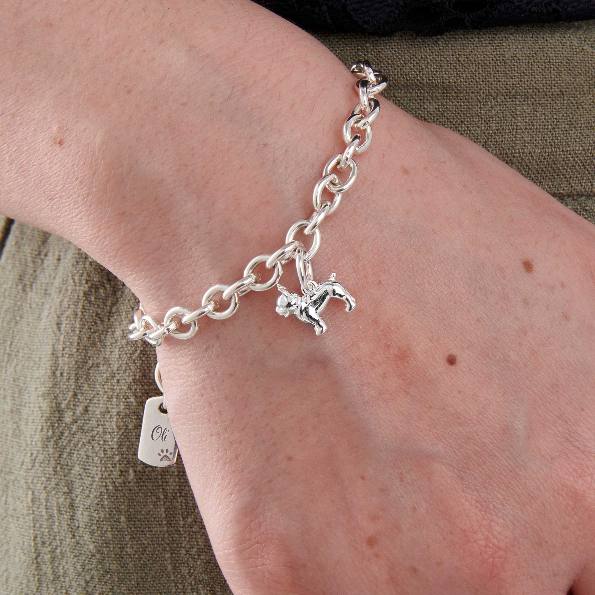 pug silver charm bracelet with personalised engraved dog tag scarlett jewellery