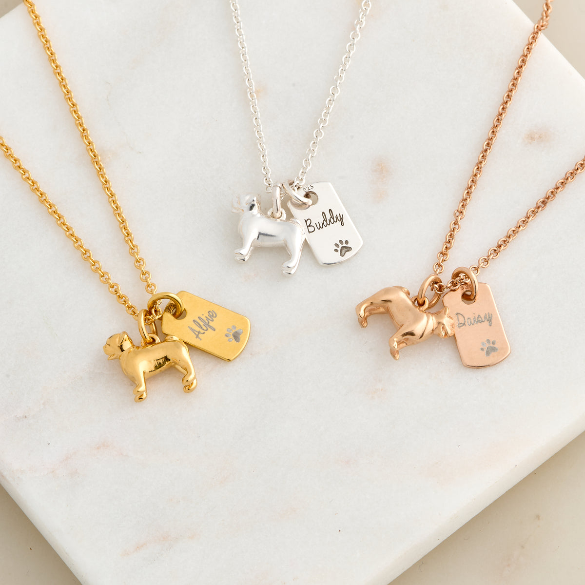 pug dog 18ct yellow gold rose gold plated silver personalised dog necklace by Scarlett jewellery Uk