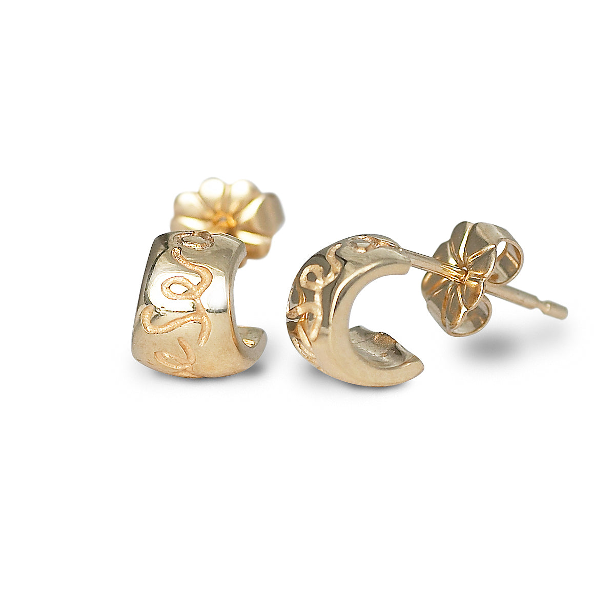 Que Sera solid recycled gold engraved earrings designer Scarlett Jewellery